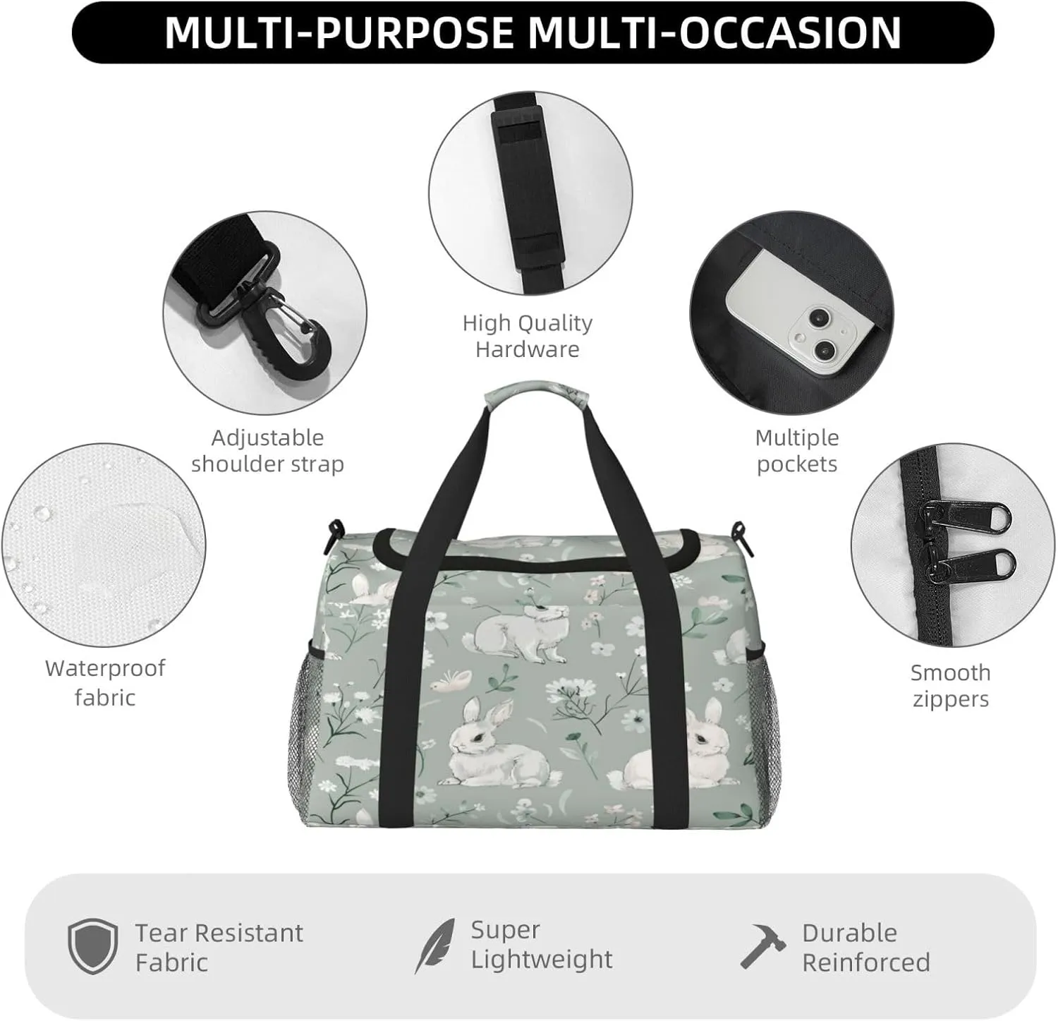 Travel Duffel Bag For Men Women, Wild Flowers Animal Rabbit Carry On Sport Gym Bag With Shoulder Strap Lightweight Waterproof Weekender Bag Overnight Bag