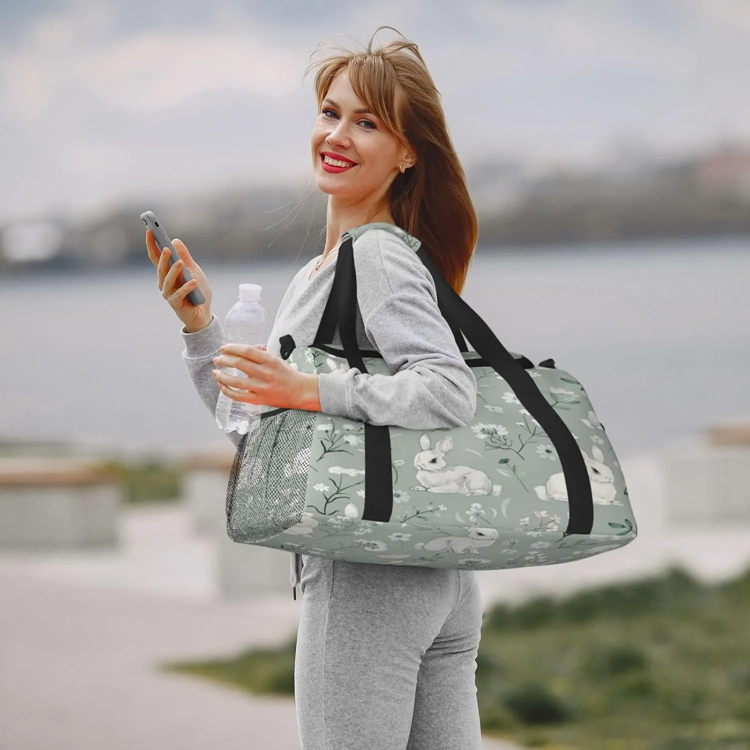 Travel Duffel Bag For Men Women, Wild Flowers Animal Rabbit Carry On Sport Gym Bag With Shoulder Strap Lightweight Waterproof Weekender Bag Overnight Bag