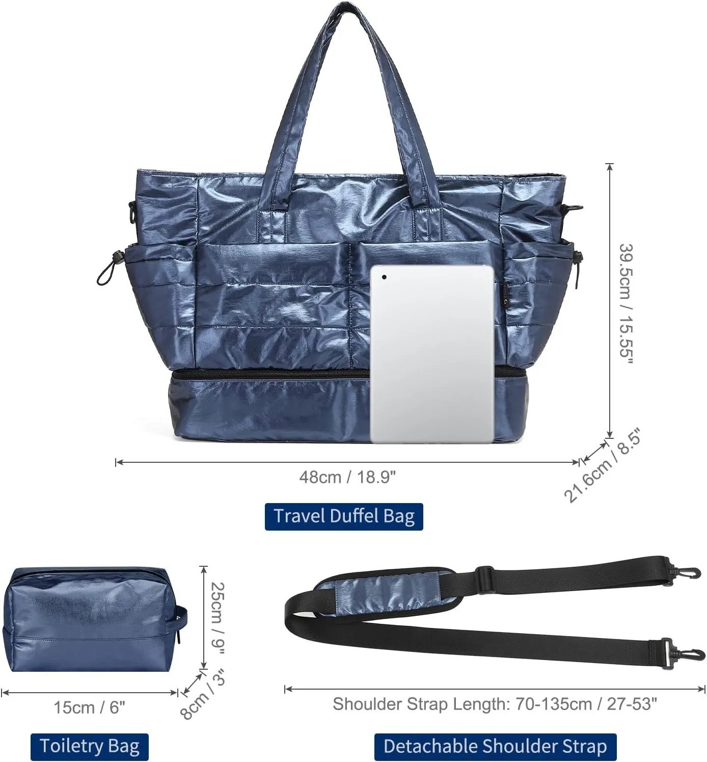 Travel Duffel Bag for Women, 50L Weekender & Gym Bag with Shoe Compartment, Dark Blue