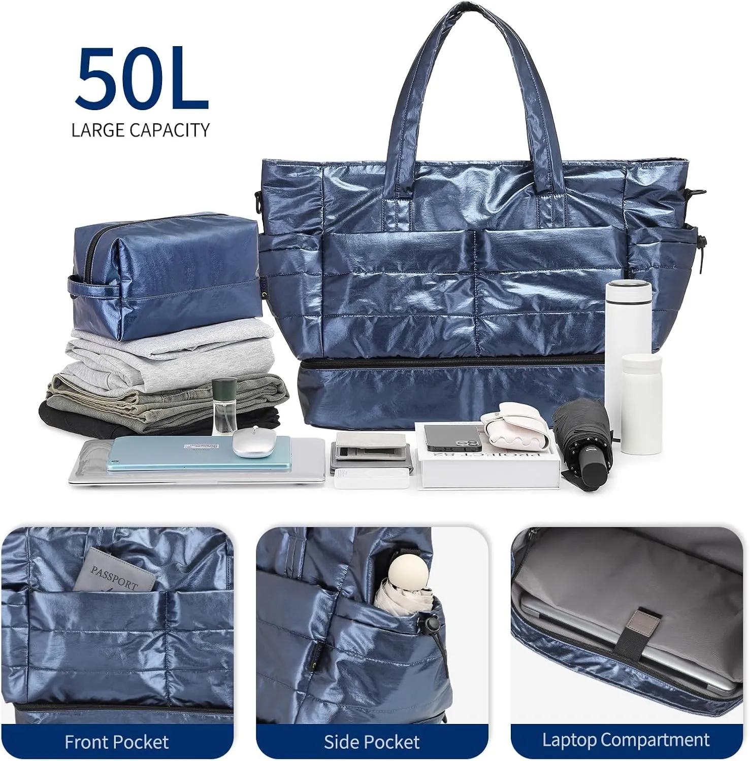 Travel Duffel Bag for Women, 50L Weekender & Gym Bag with Shoe Compartment, Dark Blue