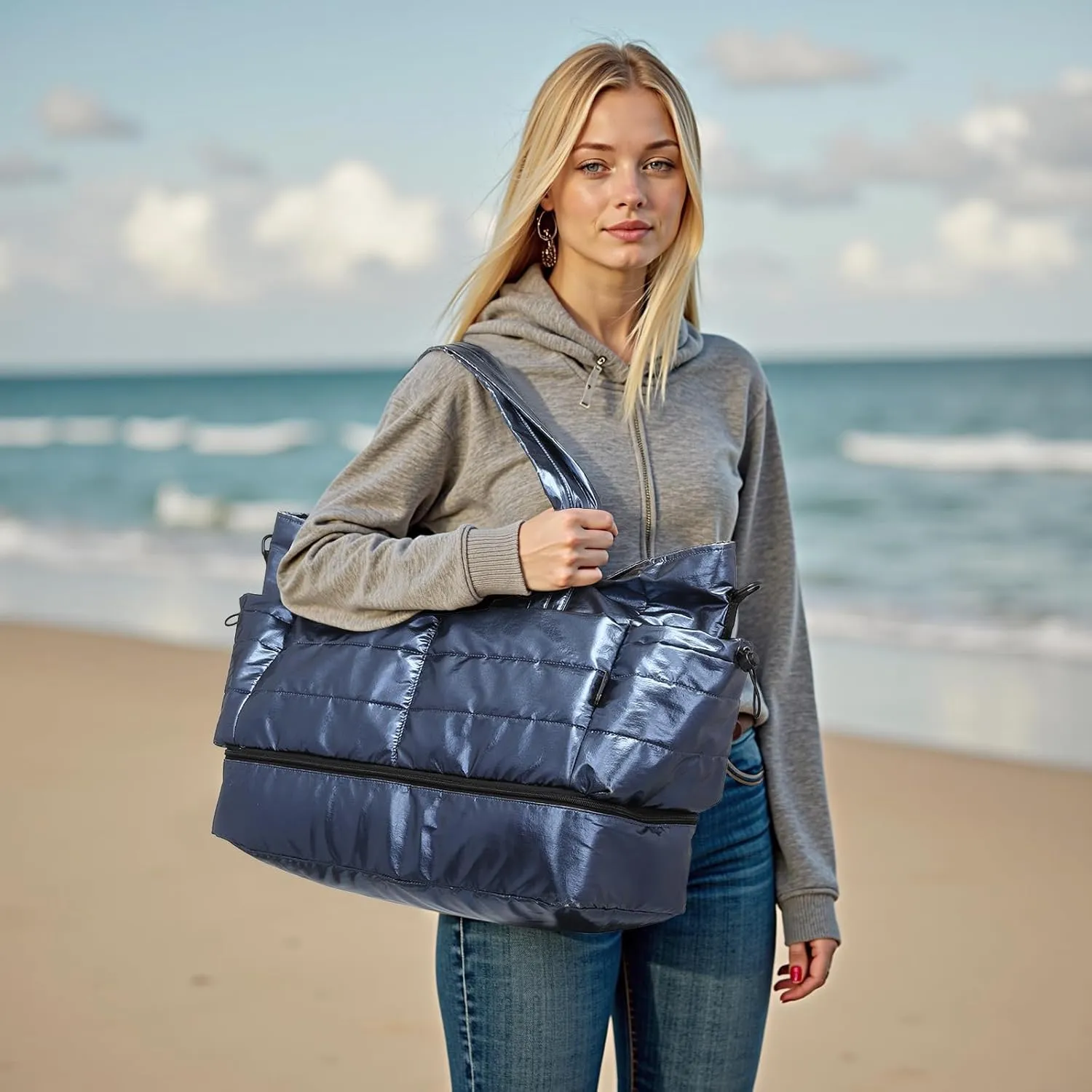Travel Duffel Bag for Women, 50L Weekender & Gym Bag with Shoe Compartment, Dark Blue
