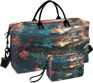 Travel Duffel Bag Large Weekender Overnight Bags for Women Men, Dream Catcher Wolf Gym Bag with Toiletry Bag