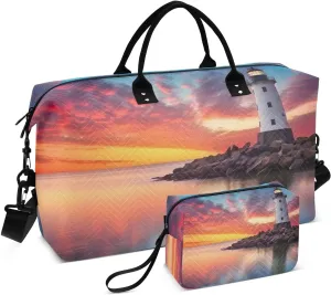 Travel Duffel Bag Large Weekender Overnight Bags for Women Men, Lighthouse Sunrise Gym Bag with Toiletry Bag