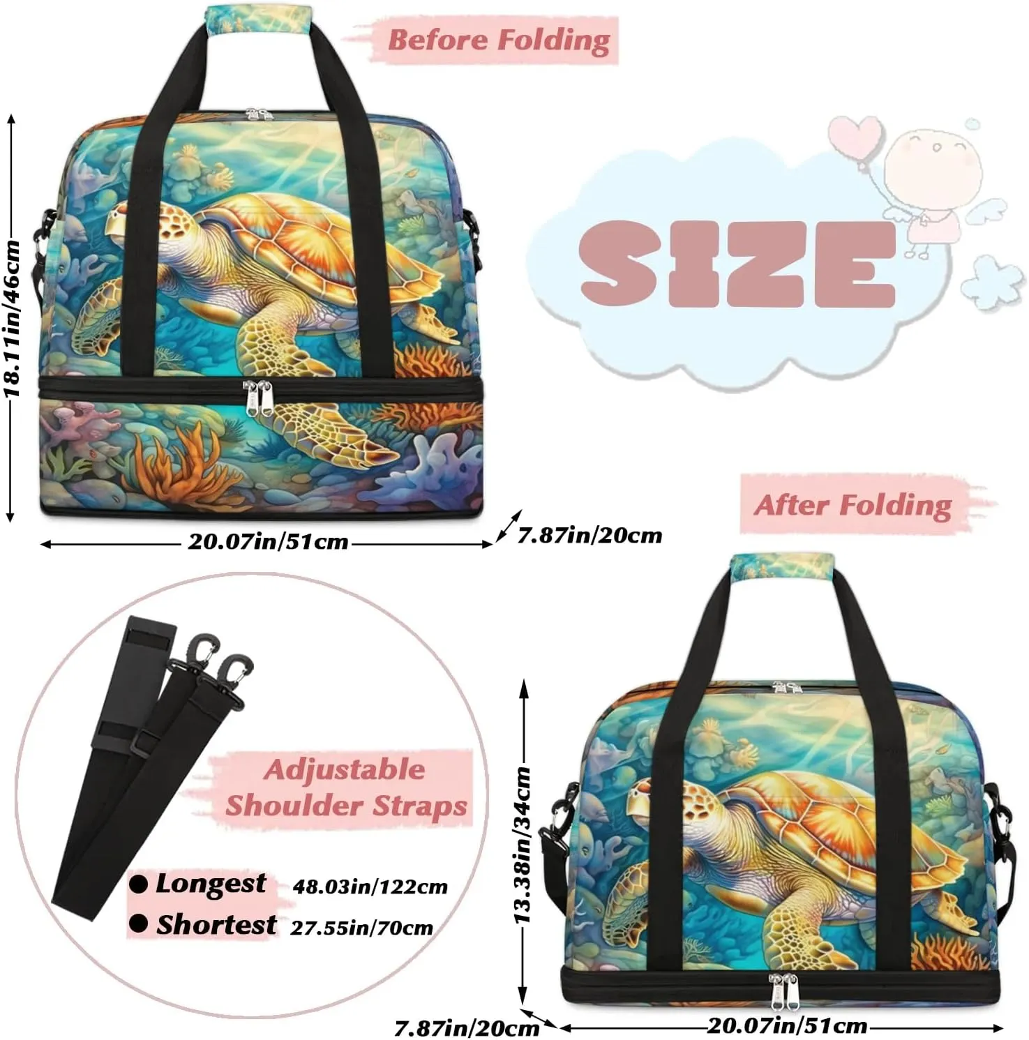 Travel Duffel Bag Leisurely Sea Turtle Weekender Bag with Shoe Compartment Foldable Overnight Bags for Travel Sports Lightweight Gym Bags for Men Women
