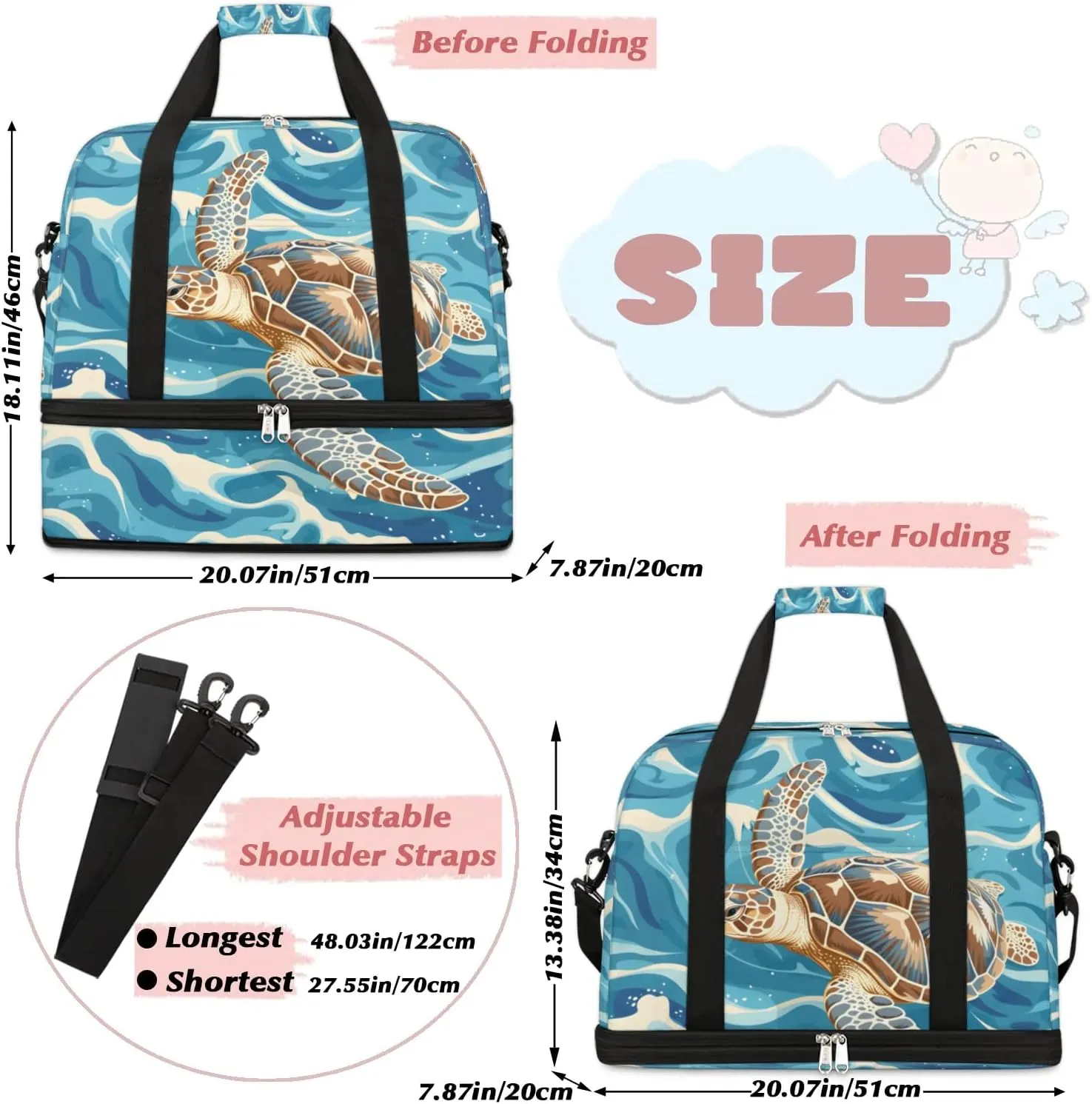 Travel Duffel Bag Ocean Sea Turtle Weekender Bag with Shoe Compartment Foldable Overnight Bags for Travel Sports Lightweight Gym Bags for Men Women