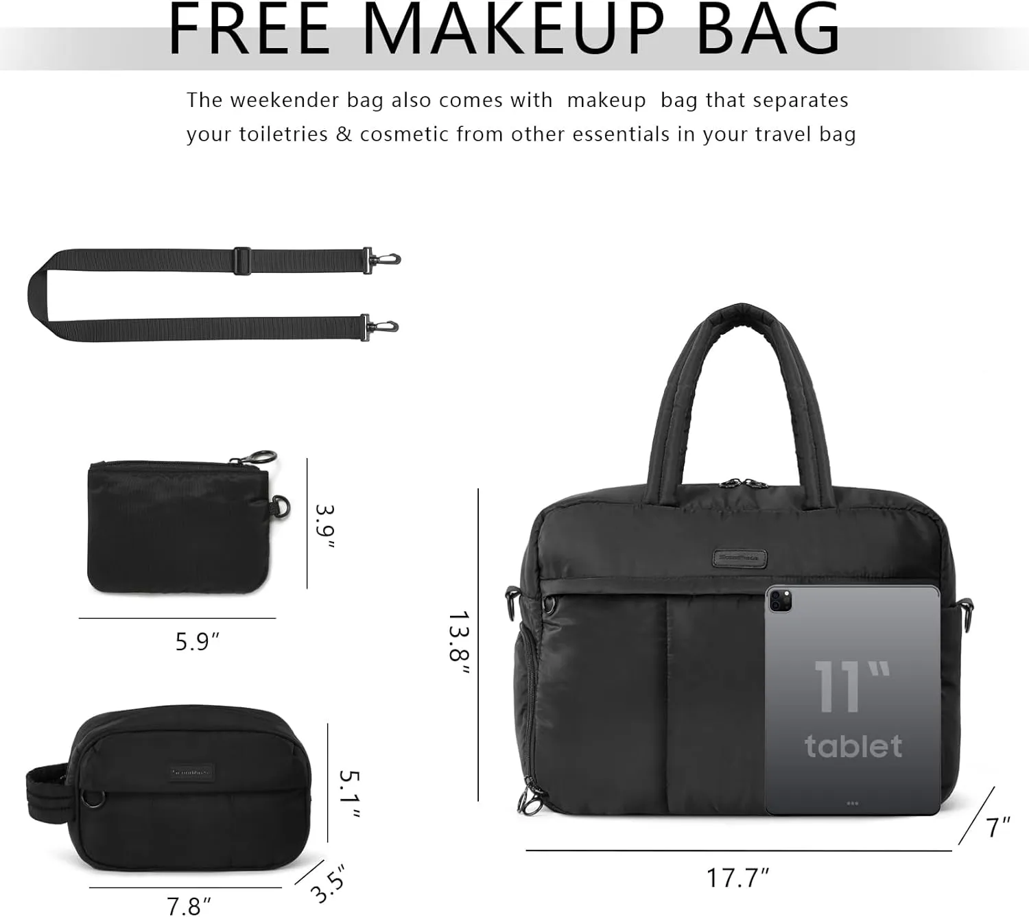 Travel Duffel Bag, Puffy Sports Tote Puffer Gym Bag with Toiletry Bag & Shoes Compartment, Quilted Weekender Overnight Bag for Women (Black)