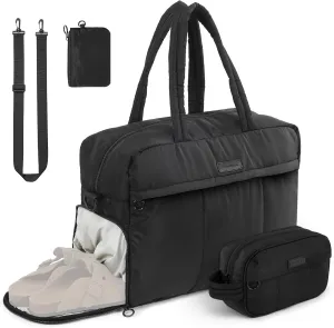 Travel Duffel Bag, Puffy Sports Tote Puffer Gym Bag with Toiletry Bag & Shoes Compartment, Quilted Weekender Overnight Bag for Women (Black)