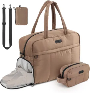Travel Duffel Bag, Puffy Sports Tote Puffer Gym Bag with Toiletry Bag & Shoes Compartment, Quilted Weekender Overnight Bag for Women (Brown)