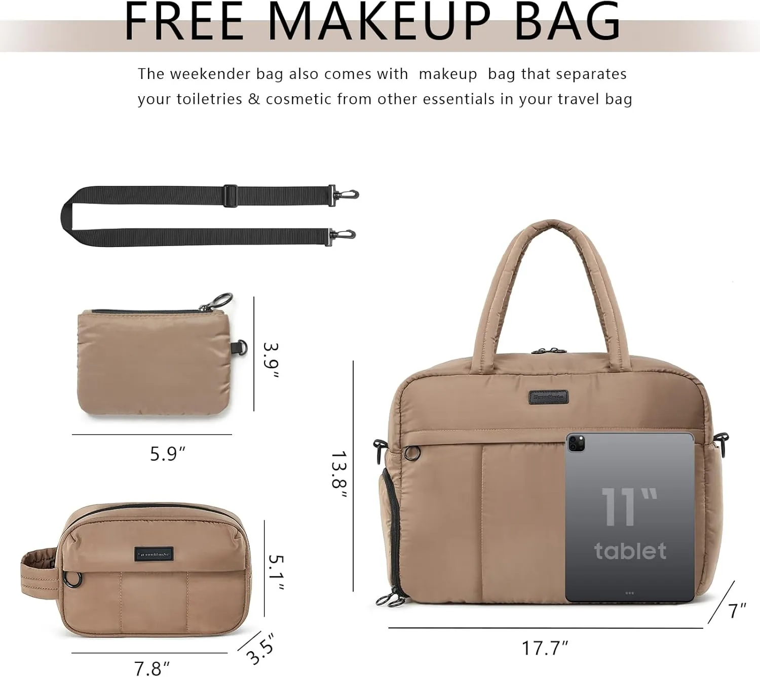 Travel Duffel Bag, Puffy Sports Tote Puffer Gym Bag with Toiletry Bag & Shoes Compartment, Quilted Weekender Overnight Bag for Women (Brown)