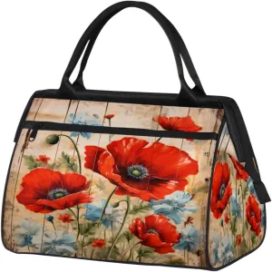 Travel Duffel Bag, Retro Wood Poppy Sports Tote Gym Bag,Overnight Weekender Bags Carry on Bag for Women Men, Airlines Approved Personal Item Travel Bag for Labor and Delivery