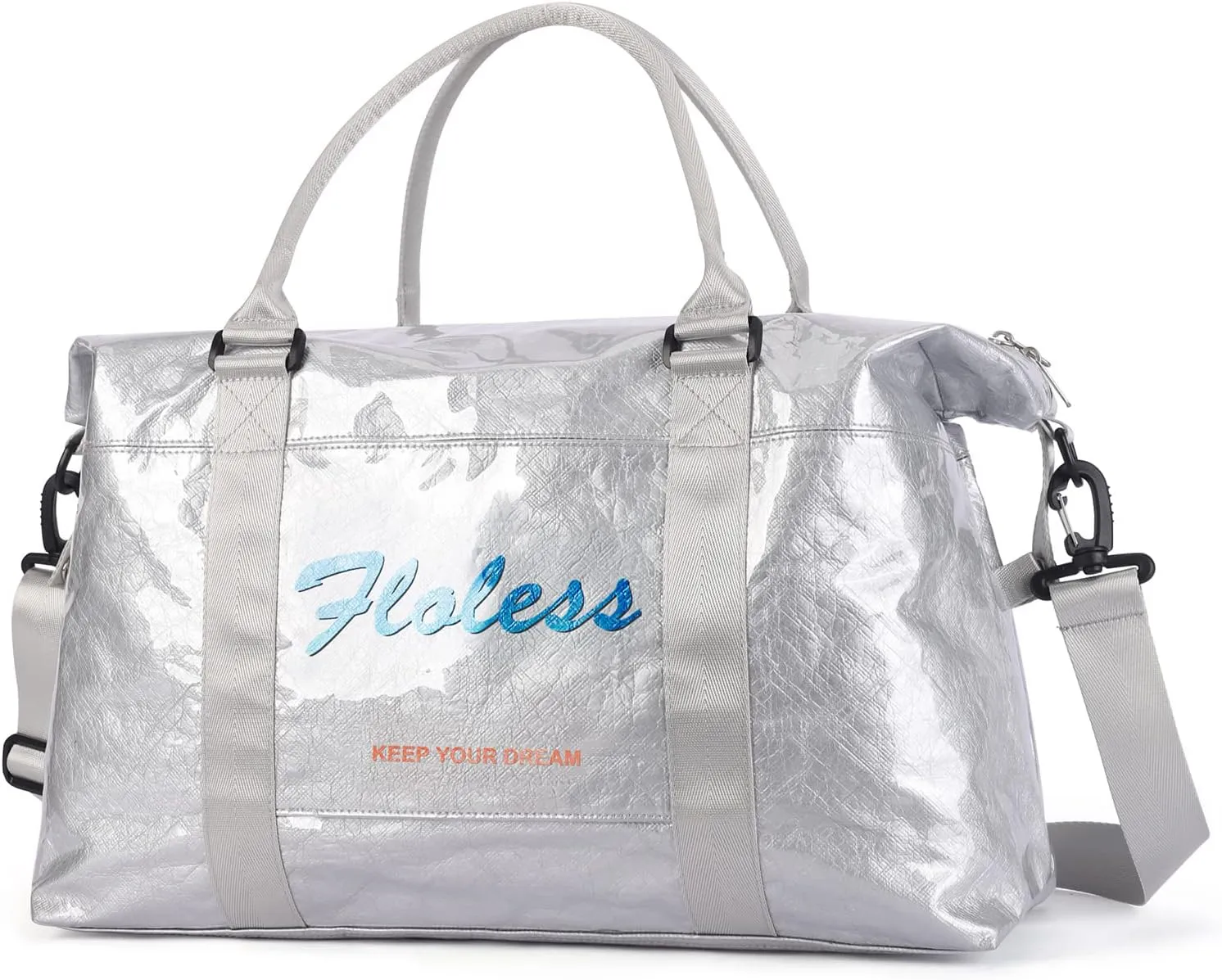 Travel Duffel Bag, Sports Tote Gym Bag, Shoulder Weekender Overnight Bag for Women Waterproof,Silver