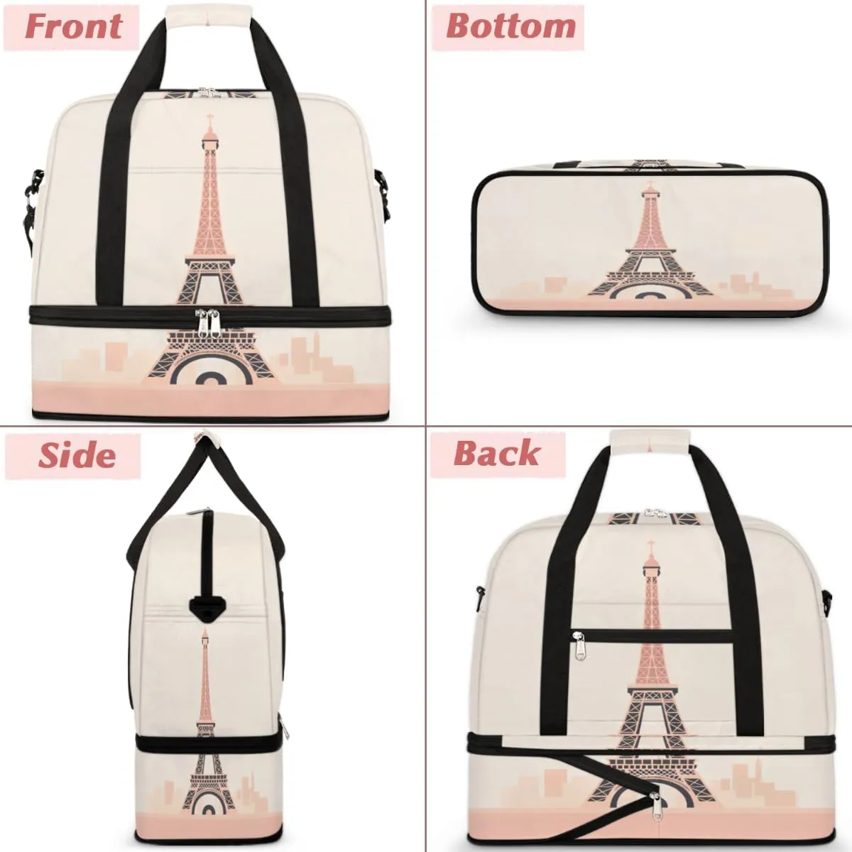 Travel Duffel Bags Eiffel Tower Foldable Weekender Bags for Women with Shoes Compartment Waterproof & Tear Resistant Carry on Overnight Luggage Duffel Bag Shoulder Sports Tote Bag
