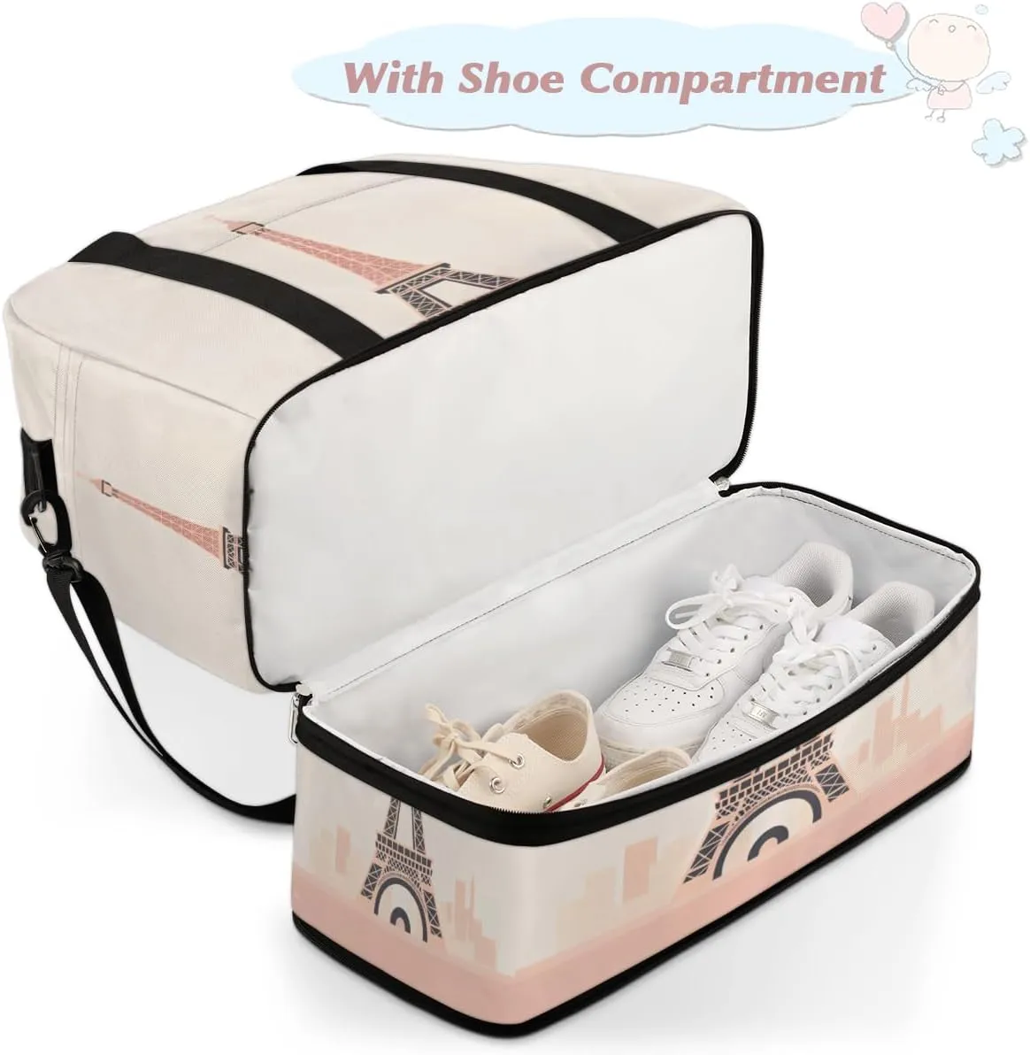 Travel Duffel Bags Eiffel Tower Foldable Weekender Bags for Women with Shoes Compartment Waterproof & Tear Resistant Carry on Overnight Luggage Duffel Bag Shoulder Sports Tote Bag