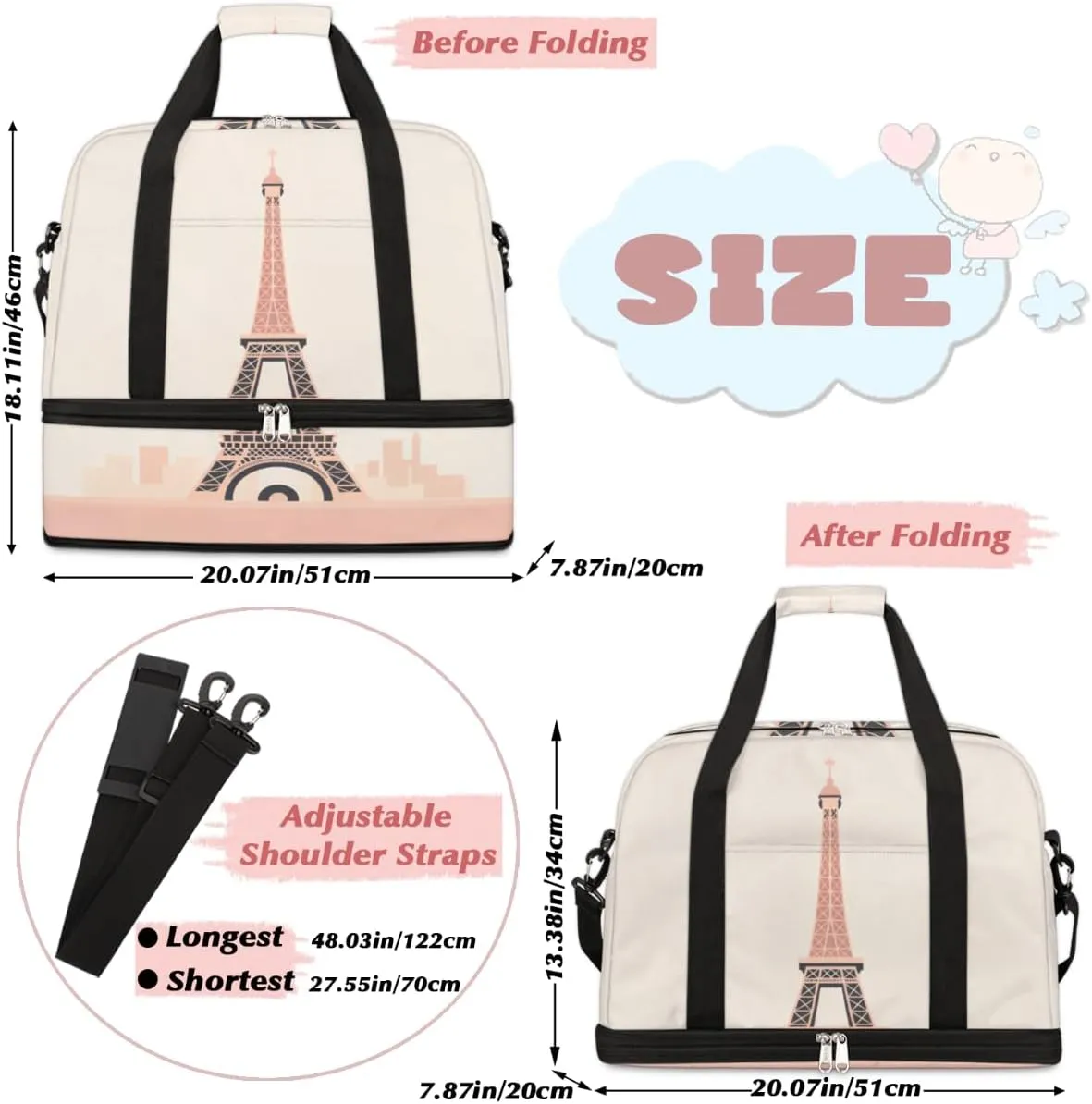 Travel Duffel Bags Eiffel Tower Foldable Weekender Bags for Women with Shoes Compartment Waterproof & Tear Resistant Carry on Overnight Luggage Duffel Bag Shoulder Sports Tote Bag