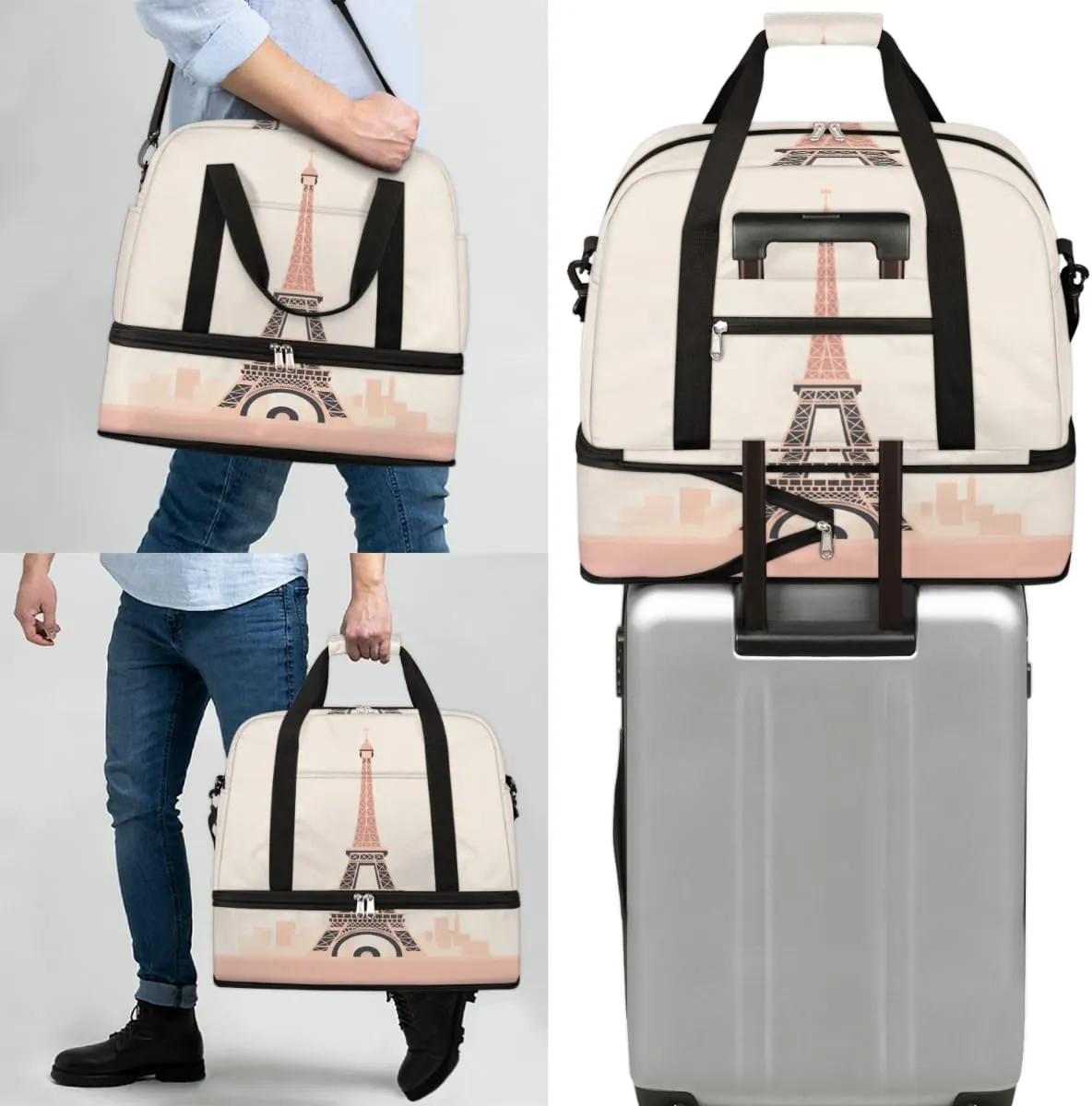 Travel Duffel Bags Eiffel Tower Foldable Weekender Bags for Women with Shoes Compartment Waterproof & Tear Resistant Carry on Overnight Luggage Duffel Bag Shoulder Sports Tote Bag