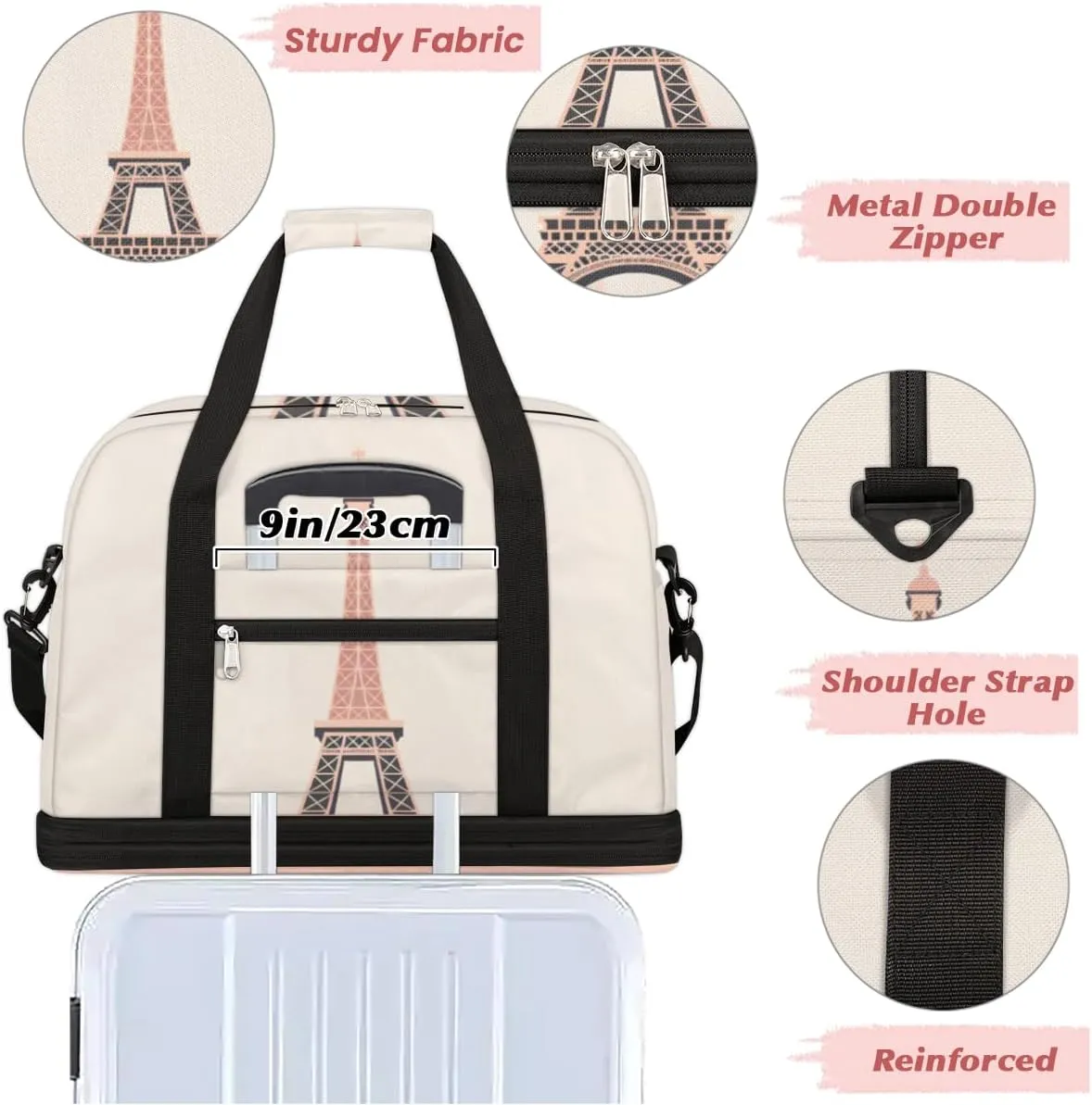Travel Duffel Bags Eiffel Tower Foldable Weekender Bags for Women with Shoes Compartment Waterproof & Tear Resistant Carry on Overnight Luggage Duffel Bag Shoulder Sports Tote Bag
