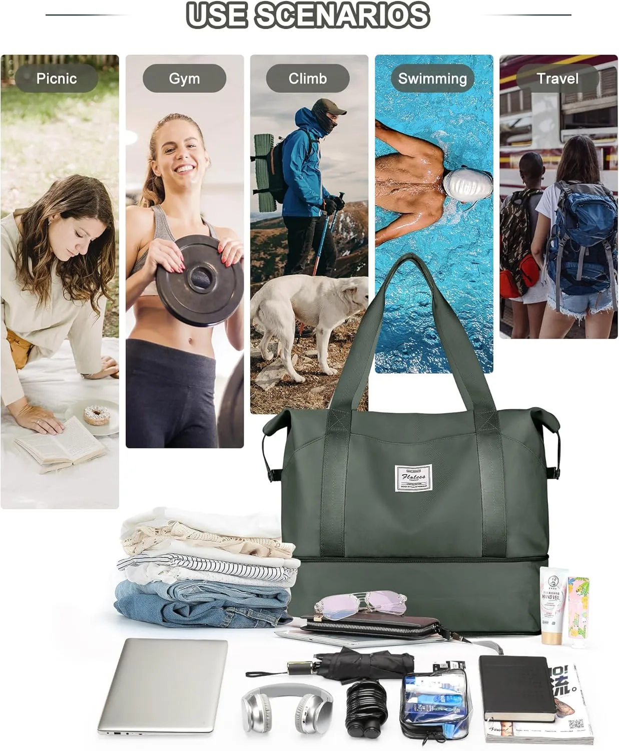 Travel Duffel Bags for Women, Shoulder Weekender Bag with Trolley Sleeve, Sport Gym Tote Bags for Men, 18x14x8 Foldie Travel Bag Expandable Carry On Overnight Bags for airplanes，Green