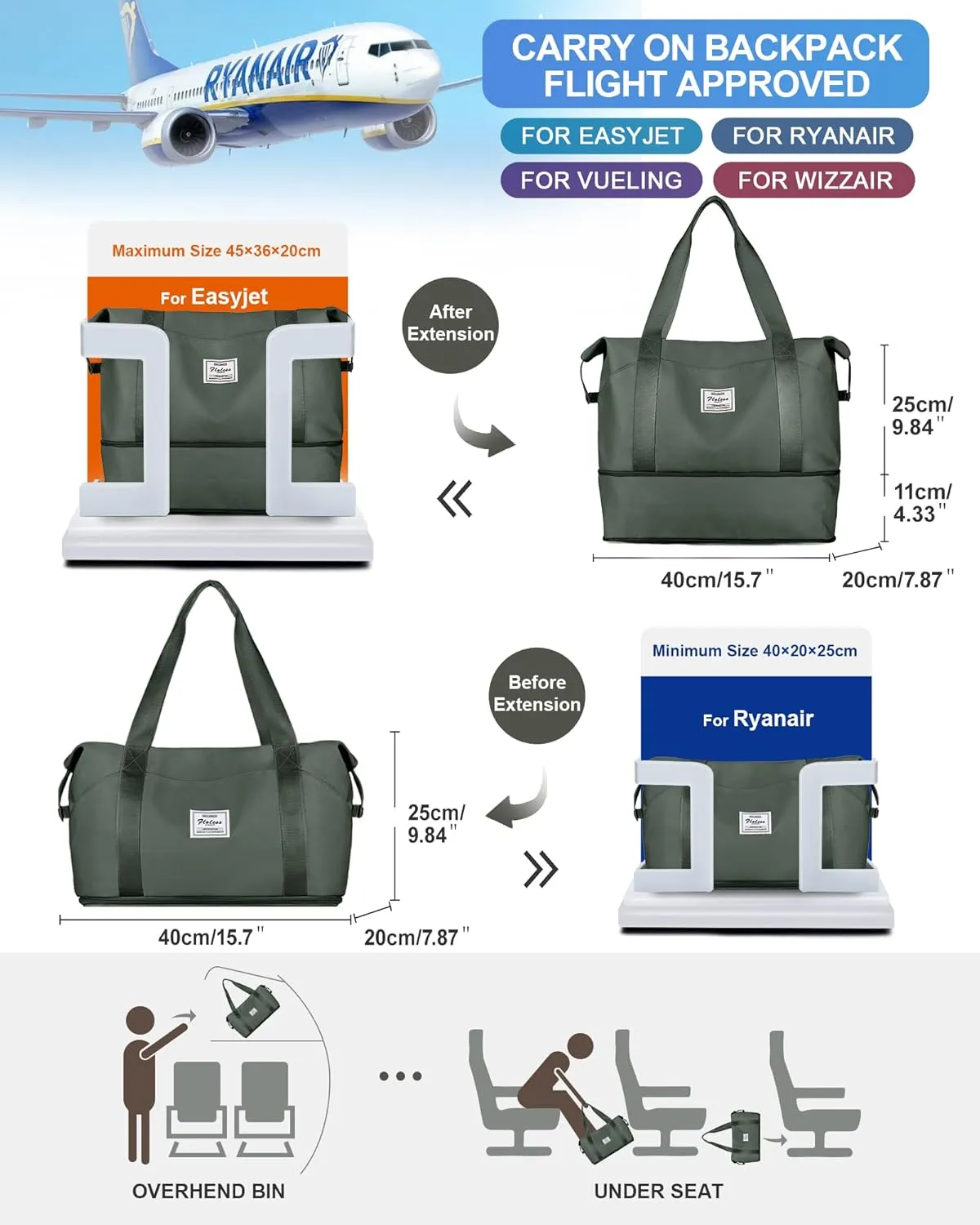 Travel Duffel Bags for Women, Shoulder Weekender Bag with Trolley Sleeve, Sport Gym Tote Bags for Men, 18x14x8 Foldie Travel Bag Expandable Carry On Overnight Bags for airplanes，Green