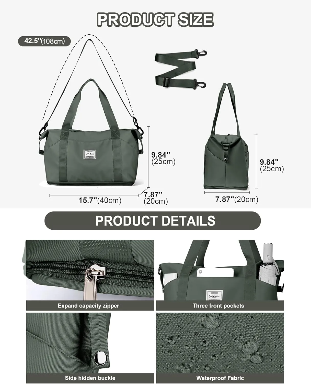 Travel Duffel Bags for Women, Shoulder Weekender Bag with Trolley Sleeve, Sport Gym Tote Bags for Men, 18x14x8 Foldie Travel Bag Expandable Carry On Overnight Bags for airplanes，Green