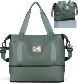 Travel Duffel Bags for Women, Shoulder Weekender Bag with Trolley Sleeve, Sport Gym Tote Bags for Men, 18x14x8 Foldie Travel Bag Expandable Carry On Overnight Bags for airplanes，Green