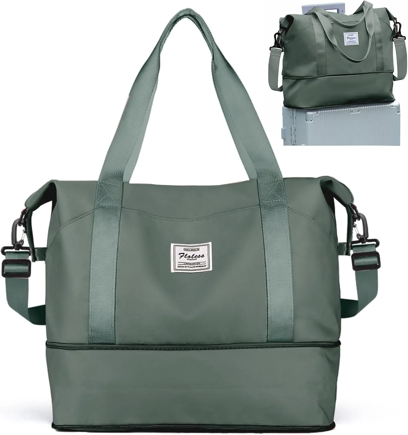 Travel Duffel Bags for Women, Shoulder Weekender Bag with Trolley Sleeve, Sport Gym Tote Bags for Men, 18x14x8 Foldie Travel Bag Expandable Carry On Overnight Bags for airplanes，Green