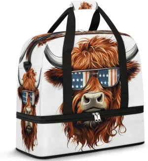 Travel Duffel Bags Highland Cow American Foldable Weekender Bags for Women with Shoes Compartment Waterproof & Tear Resistant Carry on Overnight Luggage Duffel Bag Shoulder Sports Tote Bag,A-66