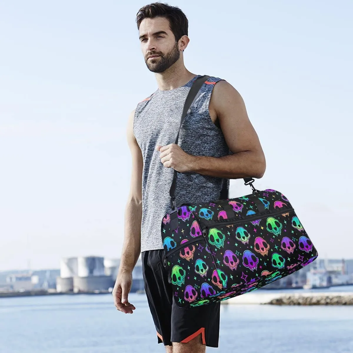 Travel Duffel Bags Rainbow Style Skull Sports Duffel Bag Gym Bag Travel Luggage Overnight Bags for Men Women Duffel Bags with Adjustable Strap for Traveling