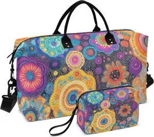 Travel Duffel Bags Weekender Bag Gym Tote Bag with Toiletry Bag for Trip 2 Pcs Set Art Flower Colorfu