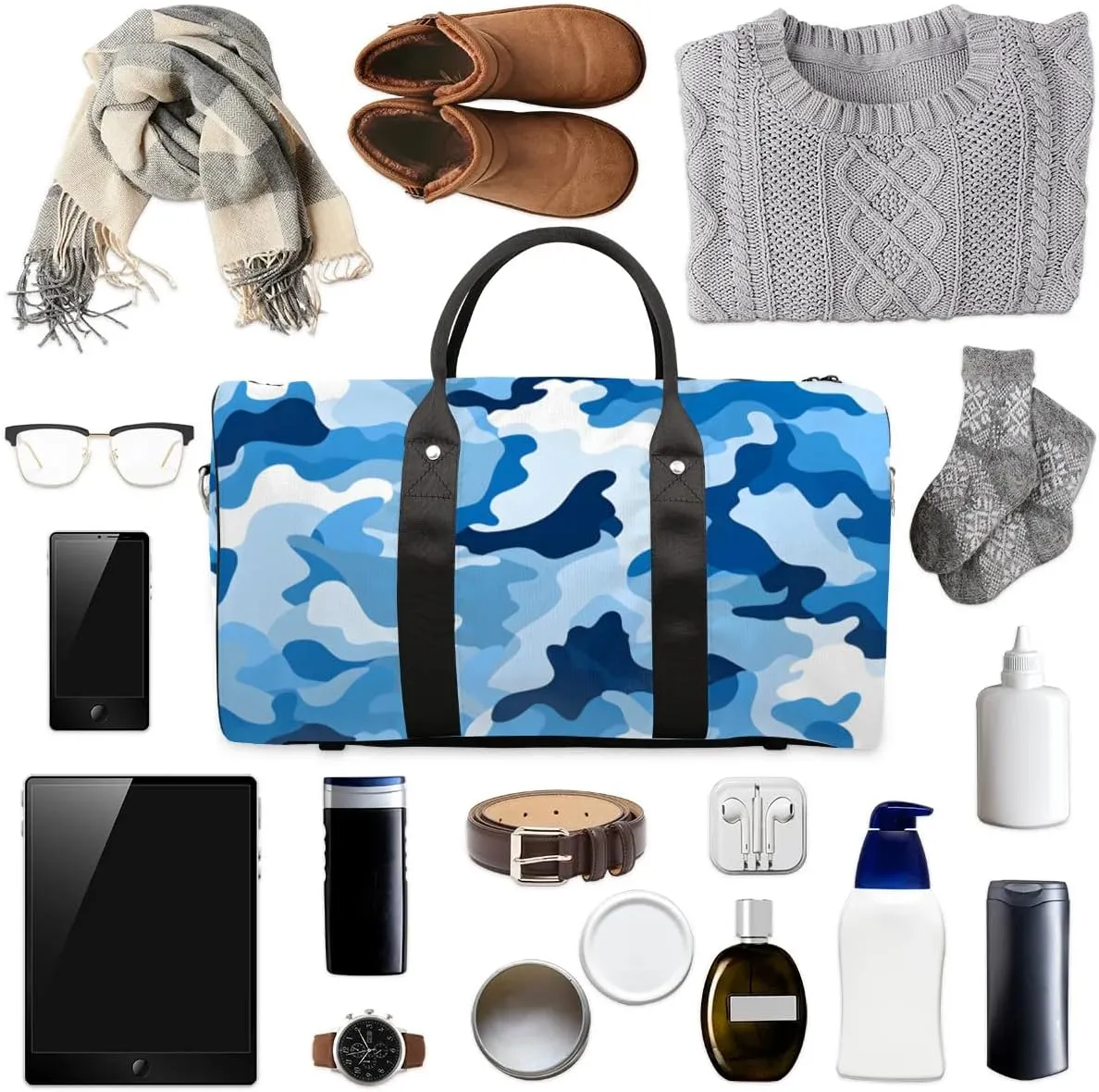 Travel Duffle Bag Blue Camouflage Gym Bags for Men Women Travel Duffel Bags with Adjustable Shoulder Strap Carry On Weekender Bag