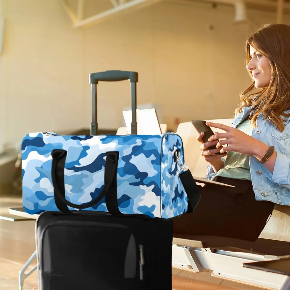 Travel Duffle Bag Blue Camouflage Gym Bags for Men Women Travel Duffel Bags with Adjustable Shoulder Strap Carry On Weekender Bag