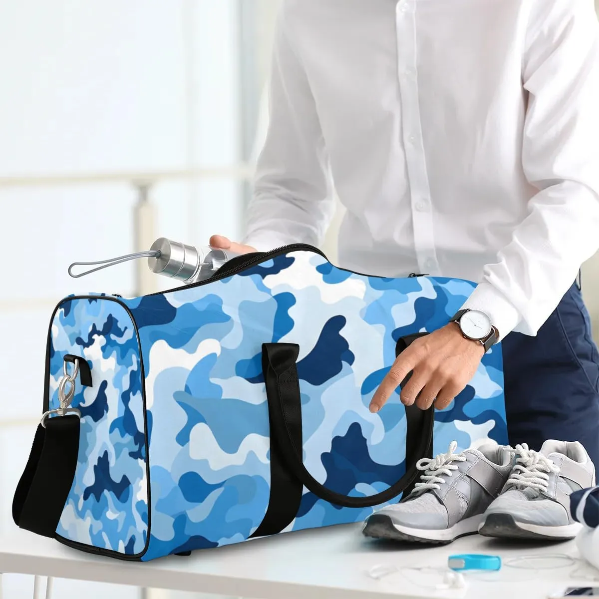 Travel Duffle Bag Blue Camouflage Gym Bags for Men Women Travel Duffel Bags with Adjustable Shoulder Strap Carry On Weekender Bag