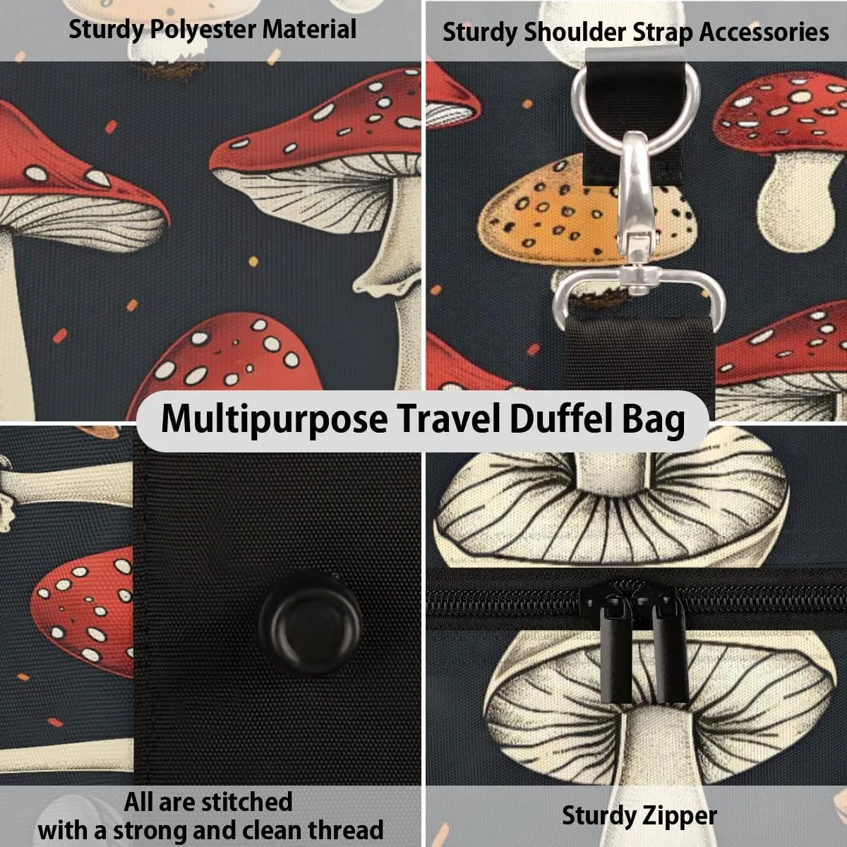 Travel Duffle Bag Botanical Mushrooms Gym Bags for Men Women Travel Duffel Bags with Adjustable Shoulder Strap Carry On Weekender Bag