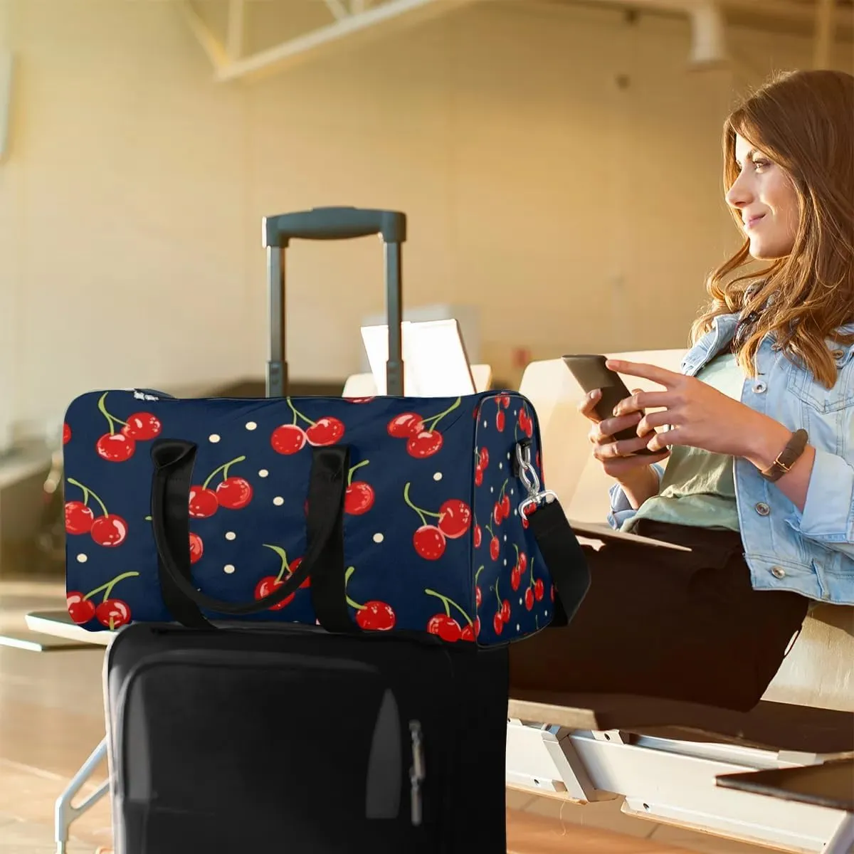 Travel Duffle Bag Cherry Fruit Theme Gym Bags for Men Women Travel Duffel Bags with Adjustable Shoulder Strap Carry On Weekender Bag