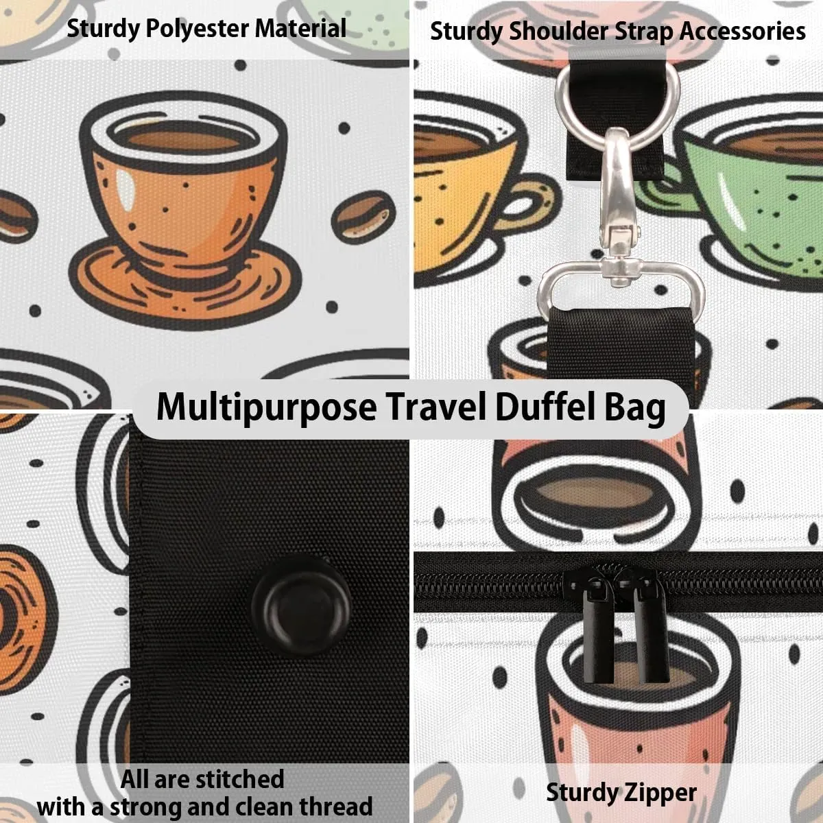 Travel Duffle Bag Coffee Drinks Gym Bags for Men Women Travel Duffel Bags with Adjustable Shoulder Strap Carry On Weekender Bag