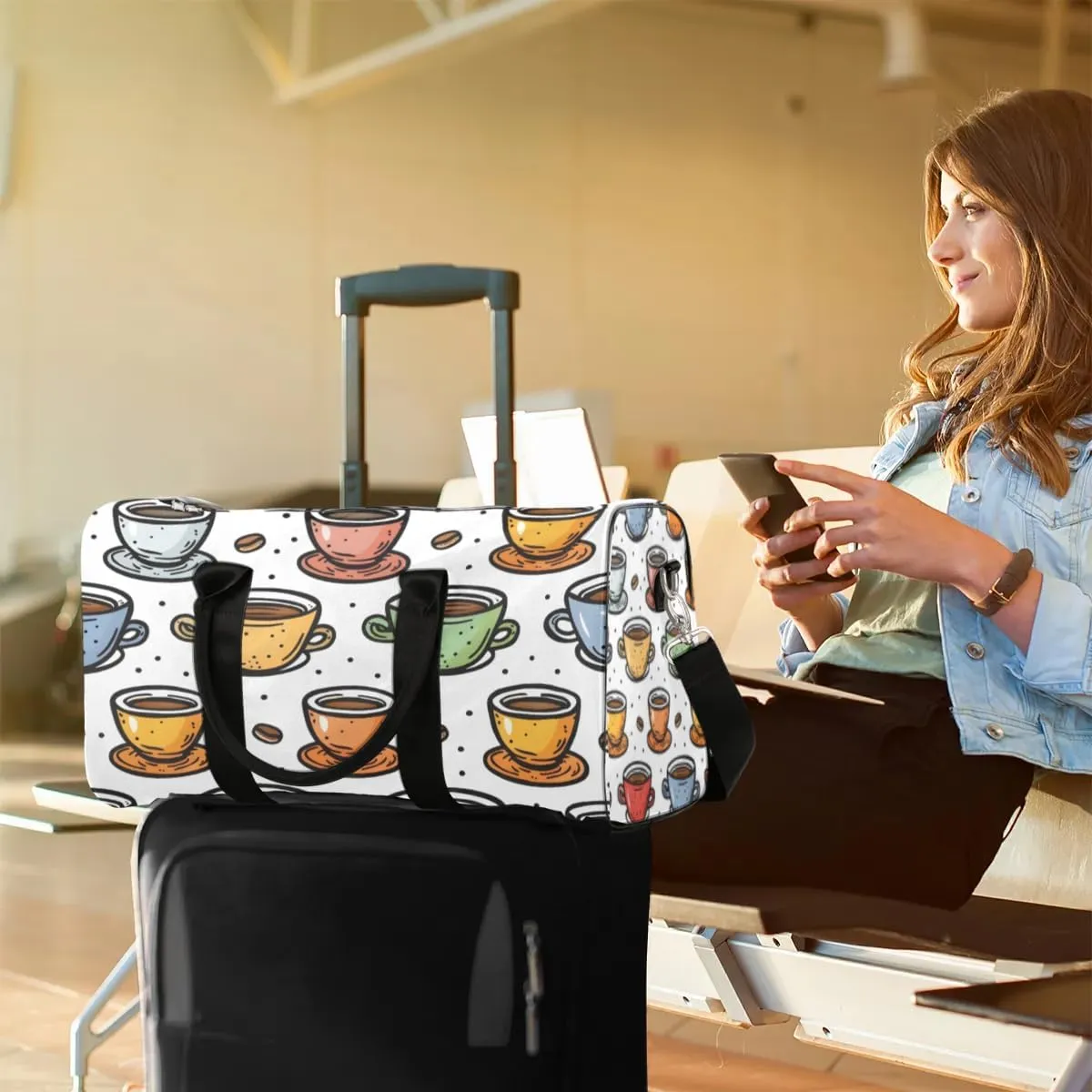 Travel Duffle Bag Coffee Drinks Gym Bags for Men Women Travel Duffel Bags with Adjustable Shoulder Strap Carry On Weekender Bag