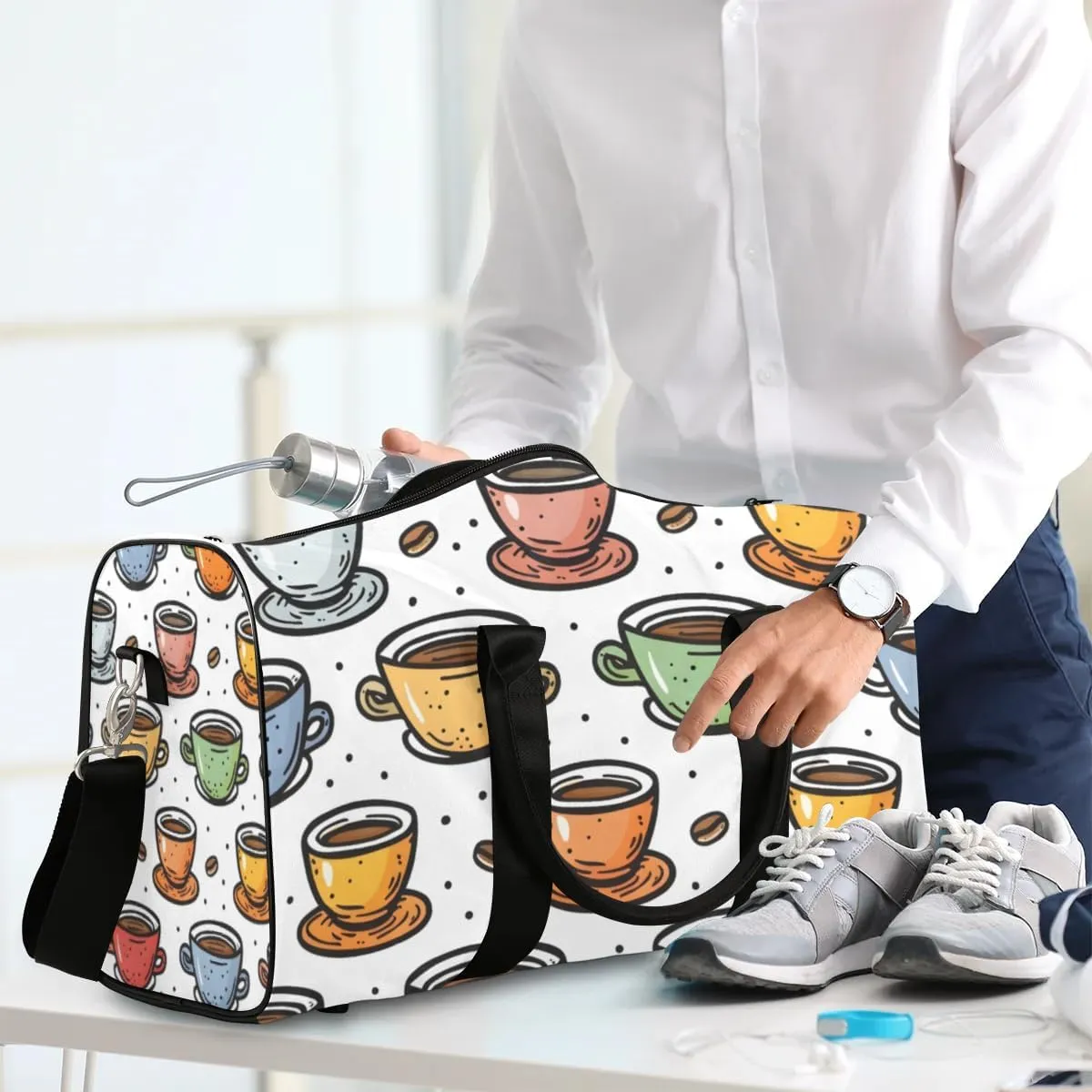 Travel Duffle Bag Coffee Drinks Gym Bags for Men Women Travel Duffel Bags with Adjustable Shoulder Strap Carry On Weekender Bag