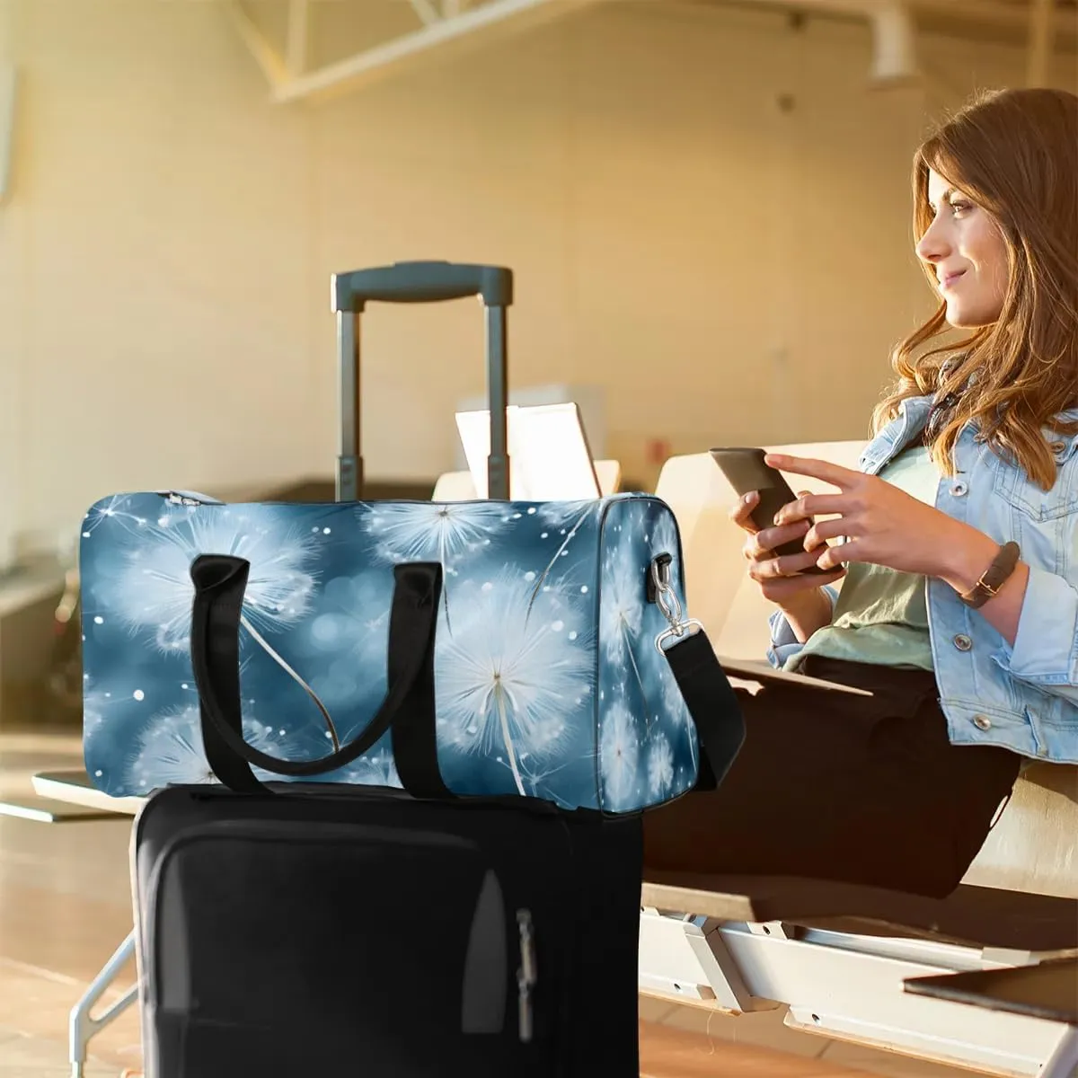 Travel Duffle Bag Dandelions Dancing Gym Bags for Men Women Travel Duffel Bags with Adjustable Shoulder Strap Carry On Weekender Bag