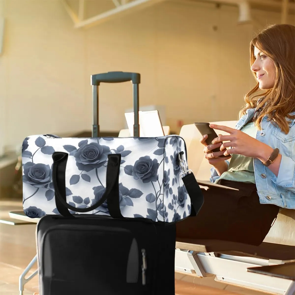 Travel Duffle Bag Floral Roses Flower Gym Bags for Men Women Travel Duffel Bags with Adjustable Shoulder Strap Carry On Weekender Bag
