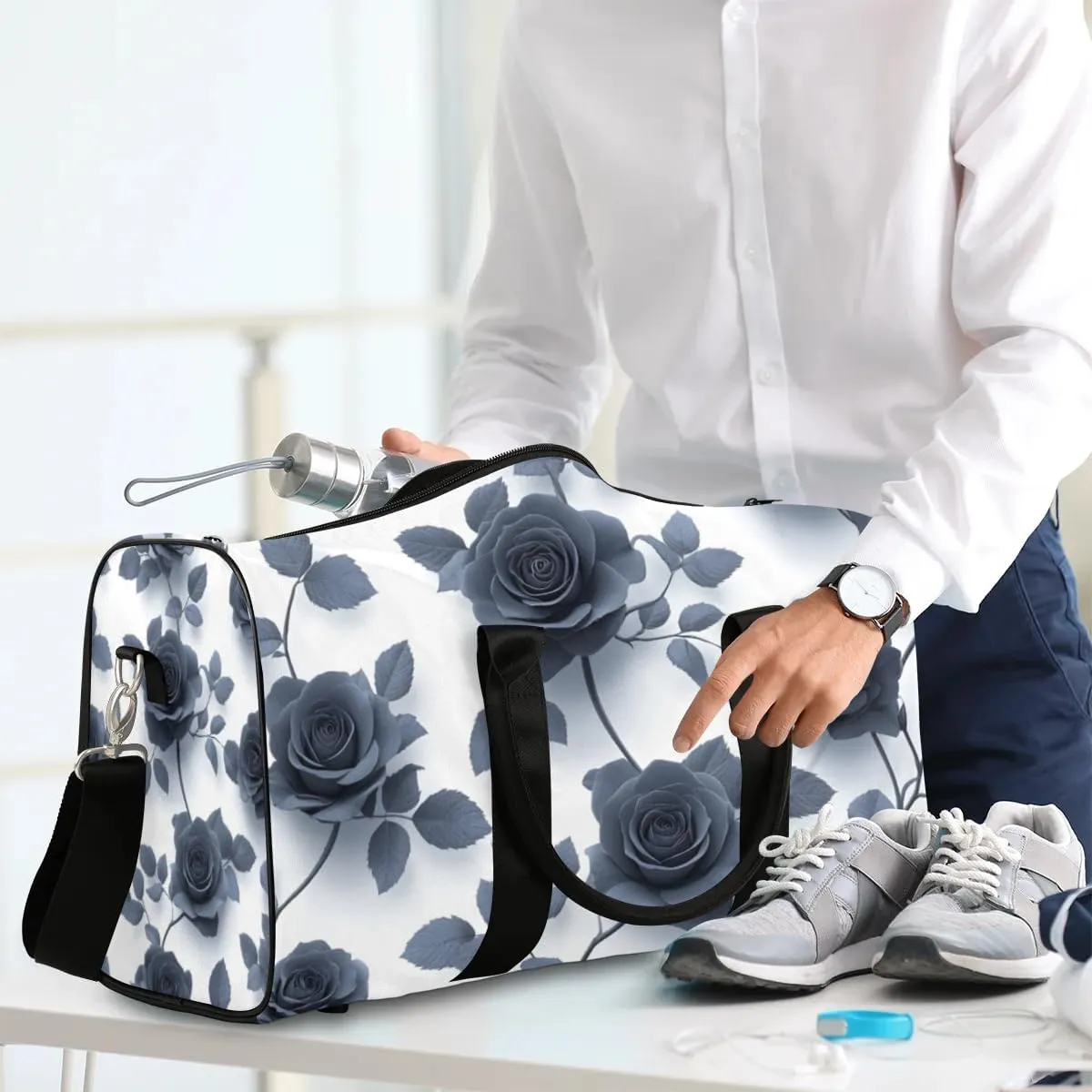 Travel Duffle Bag Floral Roses Flower Gym Bags for Men Women Travel Duffel Bags with Adjustable Shoulder Strap Carry On Weekender Bag