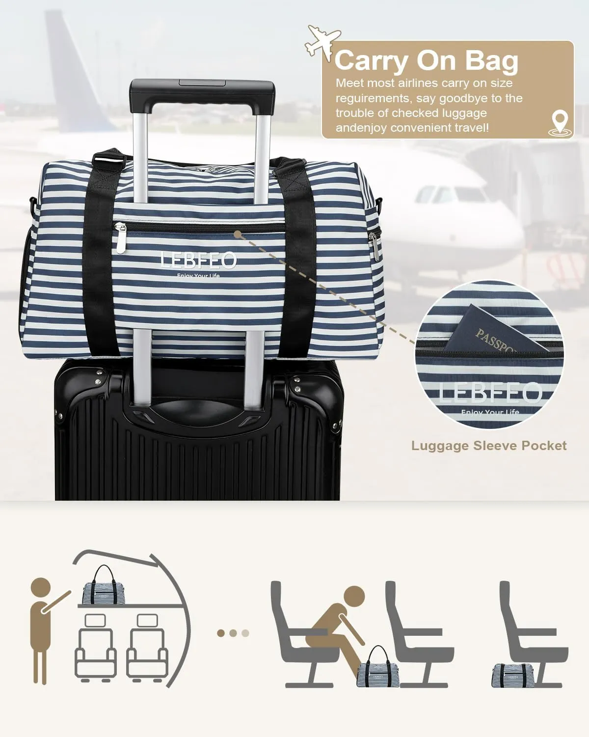 Travel Duffle Bag for Women Large Weekender Overnight Bags Gym Bag with Shoe Compartment Waterproof Hospital Bag Carry On Tote Bag for Airplanes,Blue Stripe