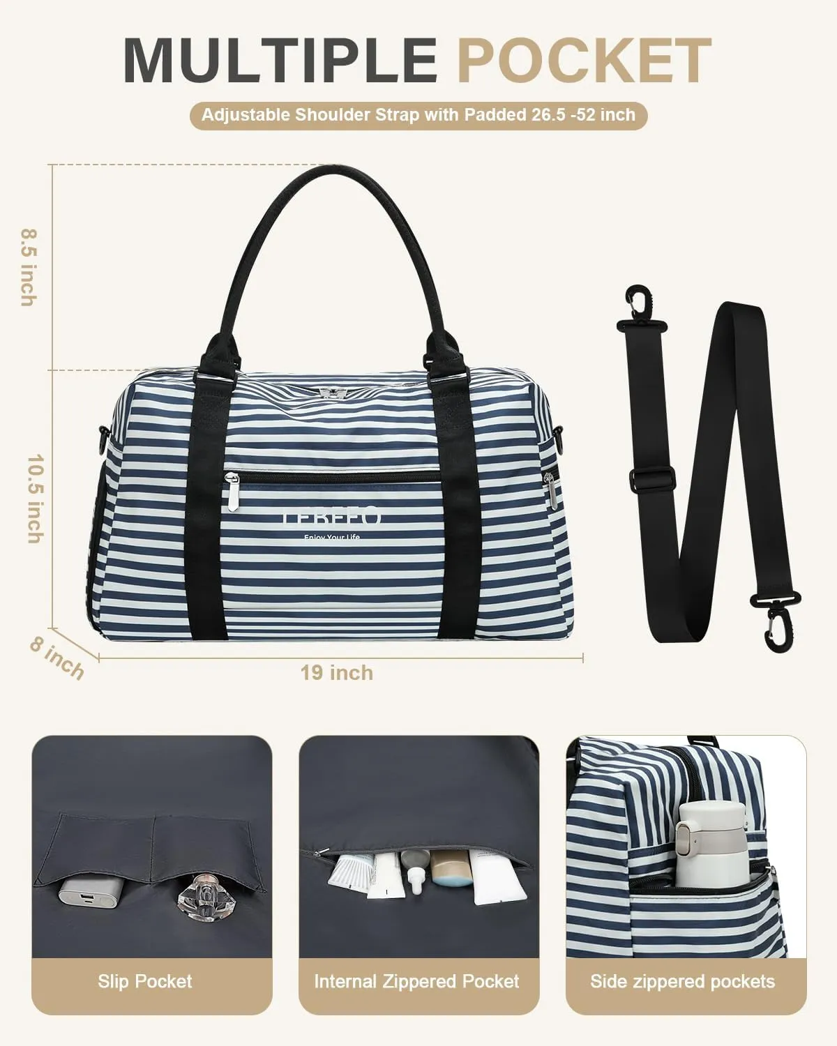 Travel Duffle Bag for Women Large Weekender Overnight Bags Gym Bag with Shoe Compartment Waterproof Hospital Bag Carry On Tote Bag for Airplanes,Blue Stripe