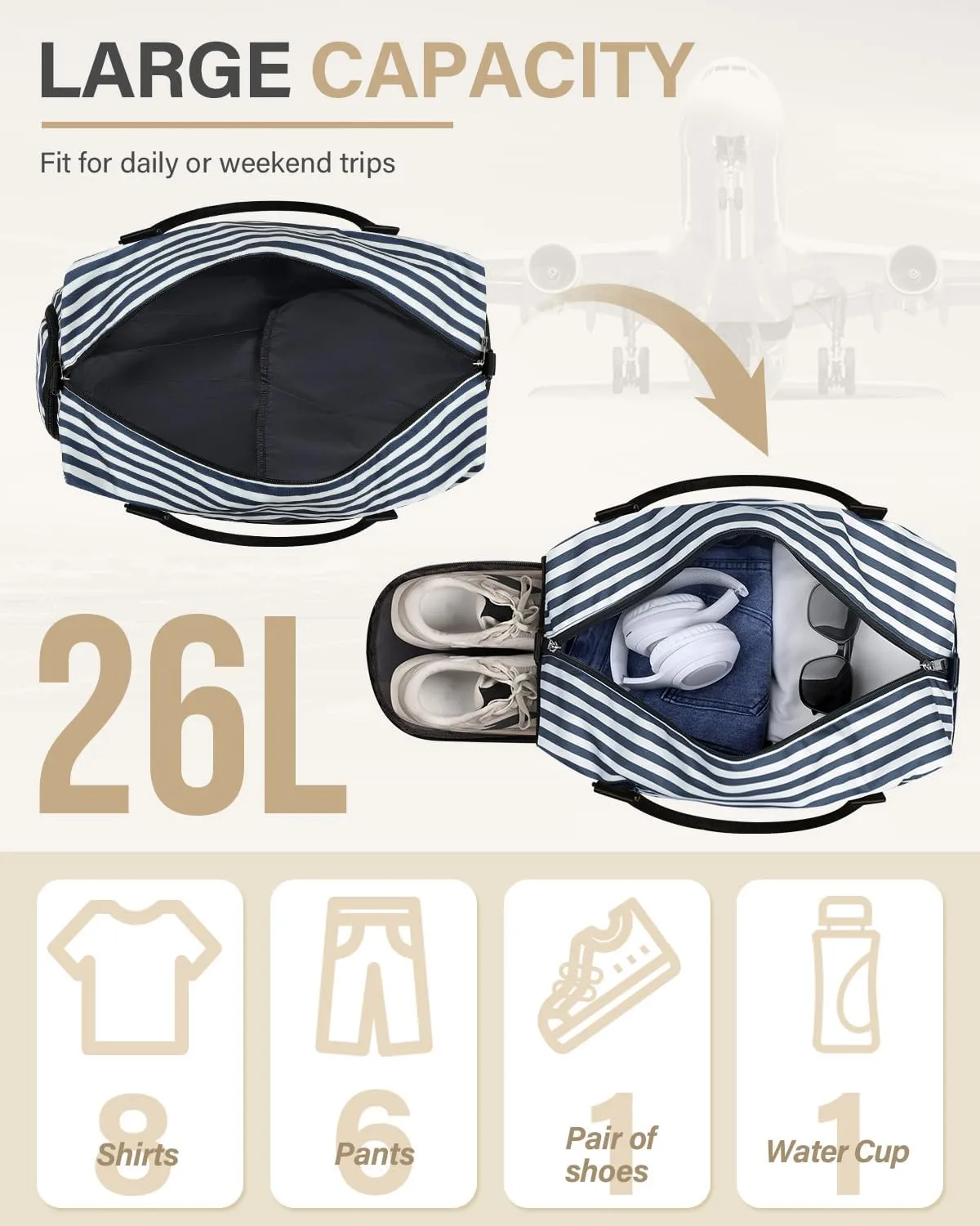 Travel Duffle Bag for Women Large Weekender Overnight Bags Gym Bag with Shoe Compartment Waterproof Hospital Bag Carry On Tote Bag for Airplanes,Blue Stripe