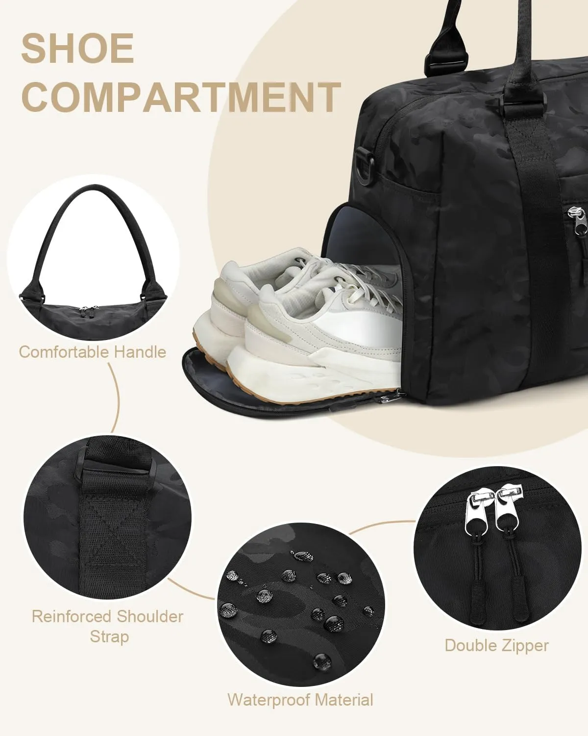 Travel Duffle Bag for Women Large Weekender Overnight Bags Gym Bag with Shoe Compartment Waterproof Hospital Bag Carry On Tote Bag for Airplanes,Camo Black