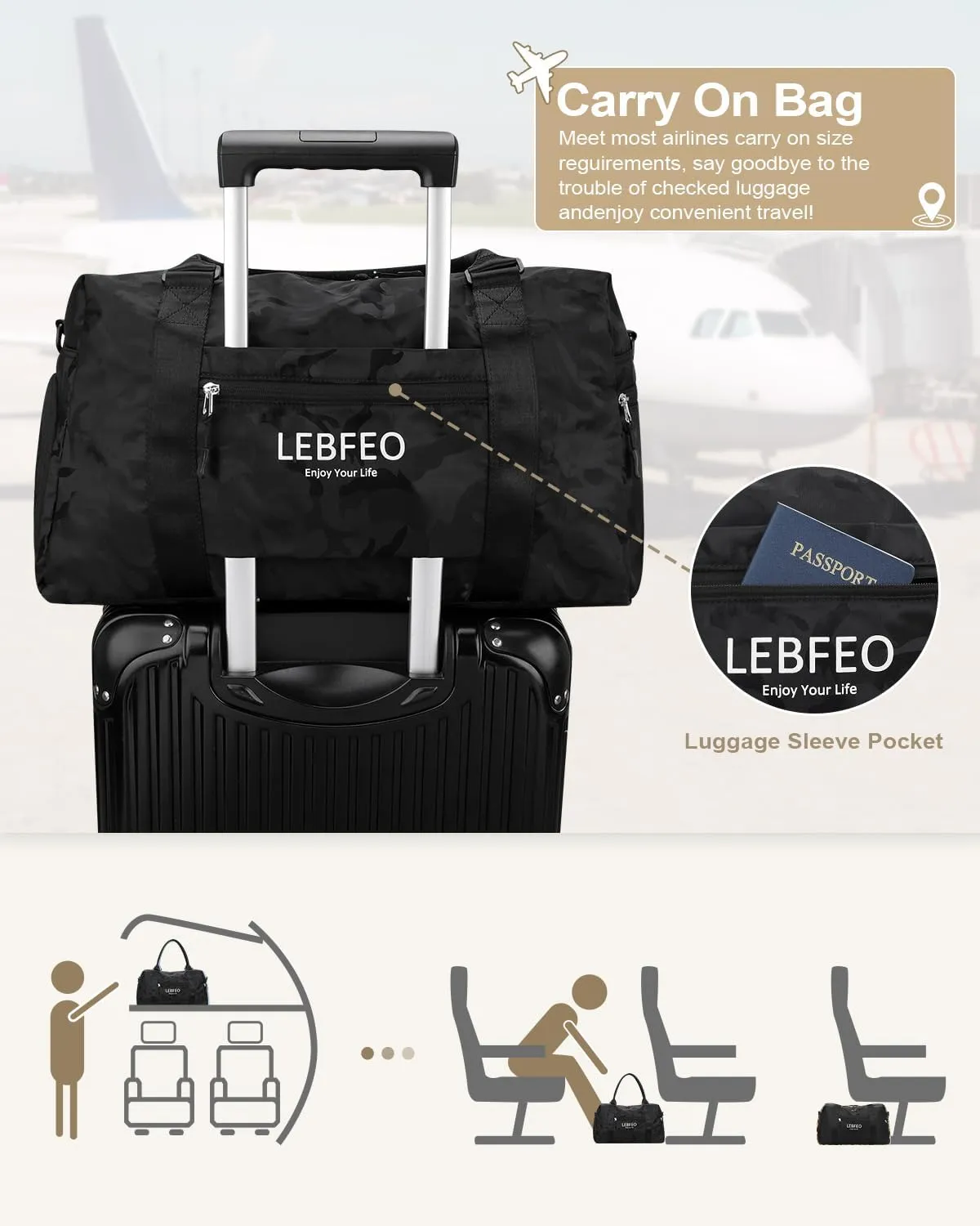 Travel Duffle Bag for Women Large Weekender Overnight Bags Gym Bag with Shoe Compartment Waterproof Hospital Bag Carry On Tote Bag for Airplanes,Camo Black