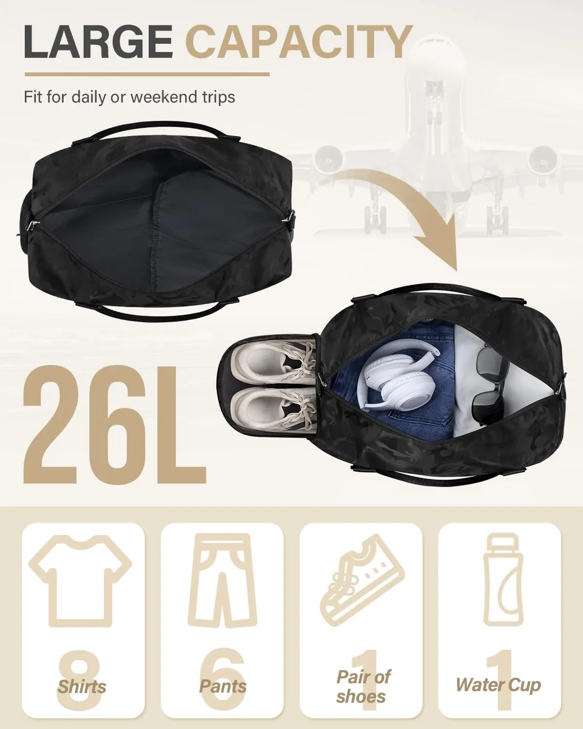 Travel Duffle Bag for Women Large Weekender Overnight Bags Gym Bag with Shoe Compartment Waterproof Hospital Bag Carry On Tote Bag for Airplanes,Camo Black