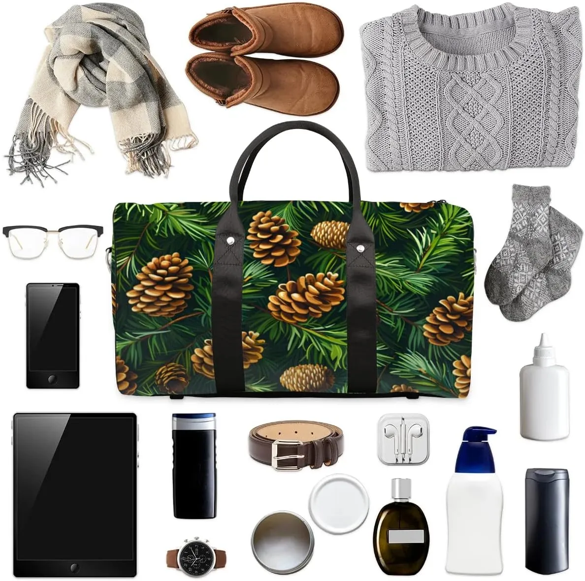 Travel Duffle Bag Pine Cones Leaves Gym Bags for Men Women Travel Duffel Bags with Adjustable Shoulder Strap Carry On Weekender Bag