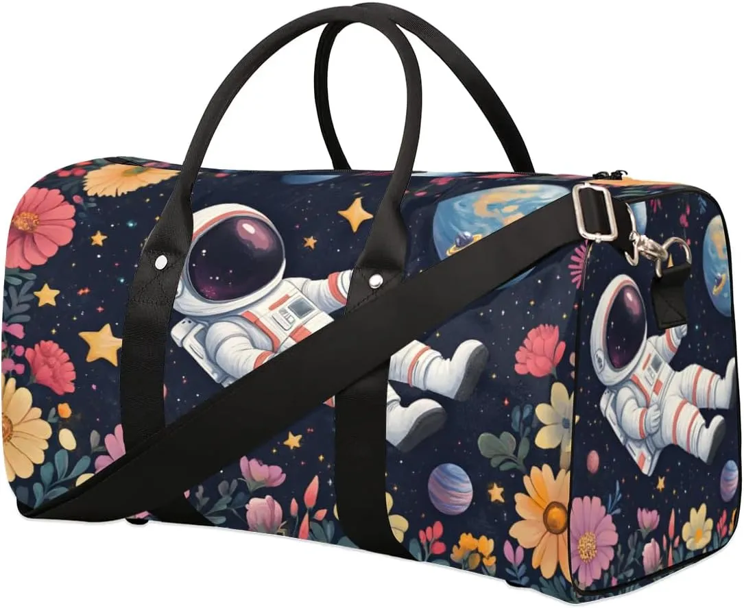 Travel Duffle Bag Space Astronaut Flower Gym Bags for Men Women Travel Duffel Bags with Adjustable Shoulder Strap Carry On Weekender Bag