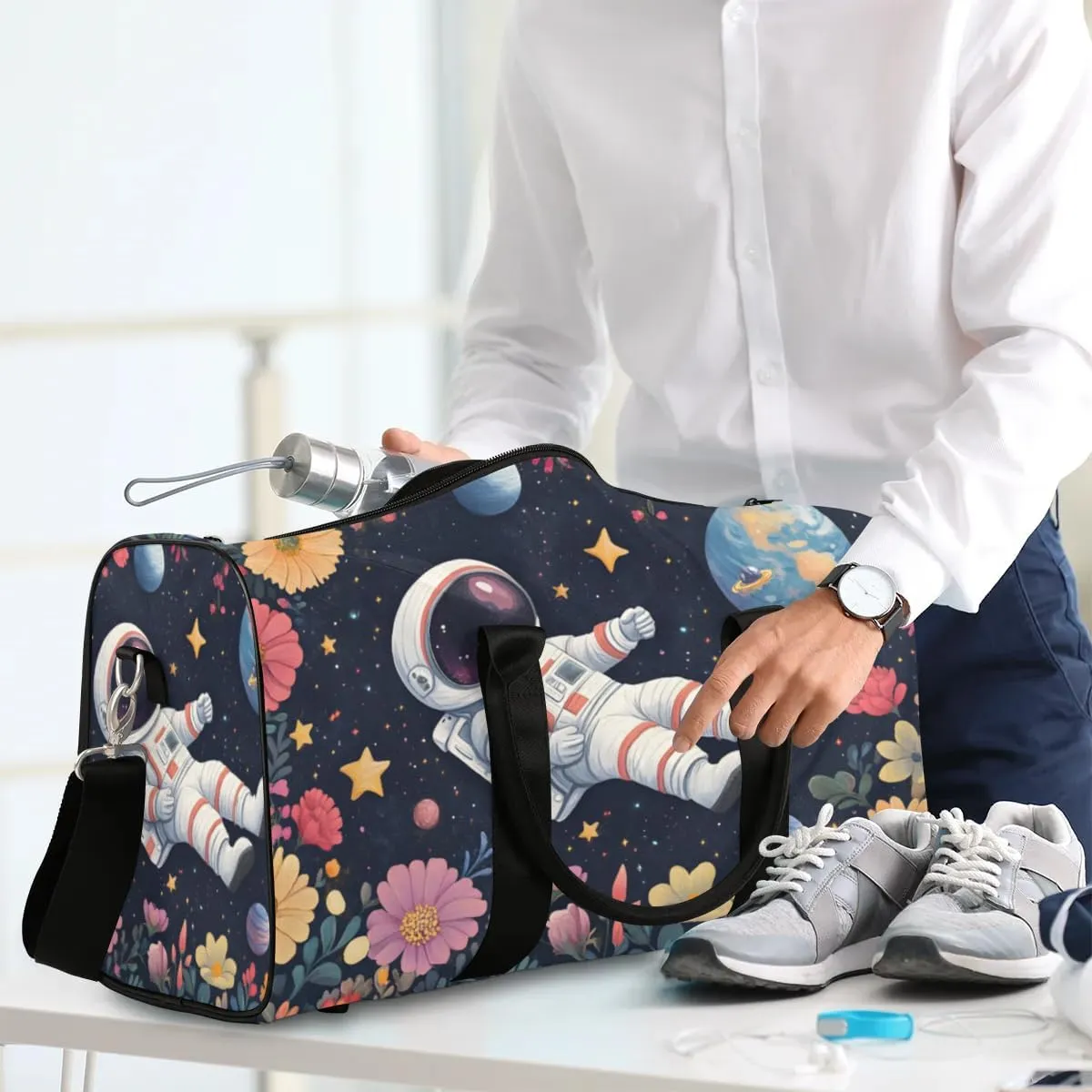 Travel Duffle Bag Space Astronaut Flower Gym Bags for Men Women Travel Duffel Bags with Adjustable Shoulder Strap Carry On Weekender Bag