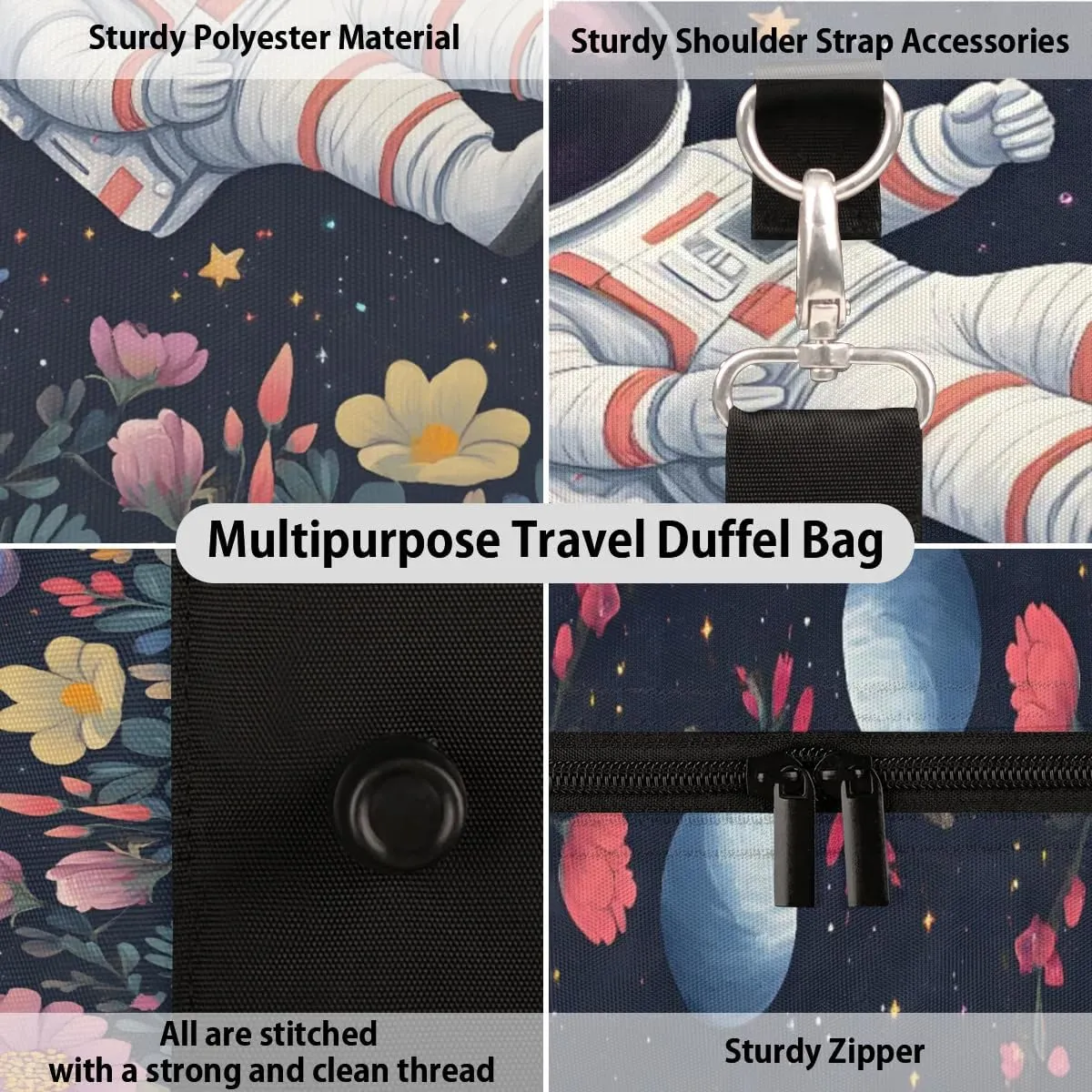 Travel Duffle Bag Space Astronaut Flower Gym Bags for Men Women Travel Duffel Bags with Adjustable Shoulder Strap Carry On Weekender Bag