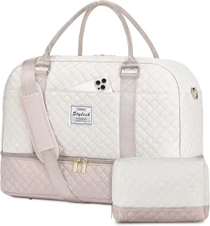 Travel Duffle Bag Weekender for Women: Travel Duffel Bag Carry-On Overnight Bag with Shoe Compartment & Wet Pocket Large Weekend Tote Bag with Toiletry Bags Gym Duffel Bag for Hospital Beige